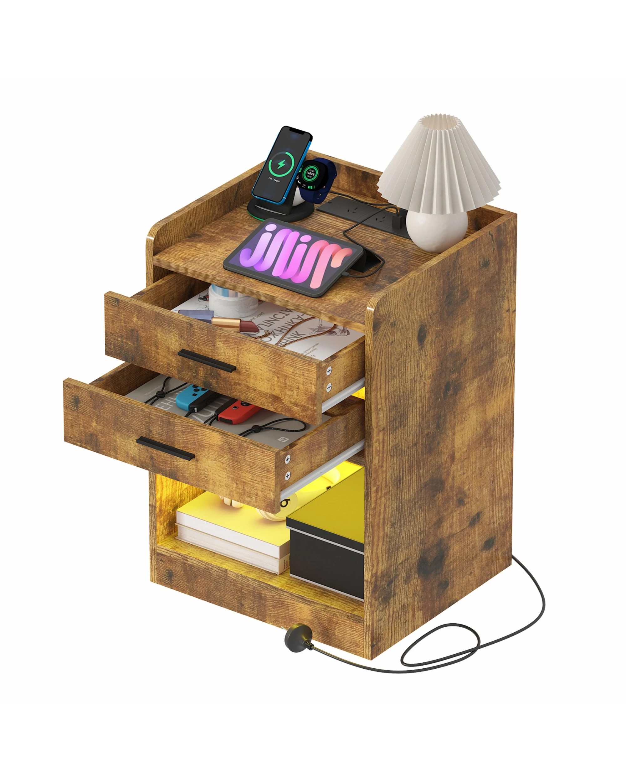 6 Advwin LED Bedside Table with Charging Station 2 Drawers Nightstand - Brown, 6 of 9