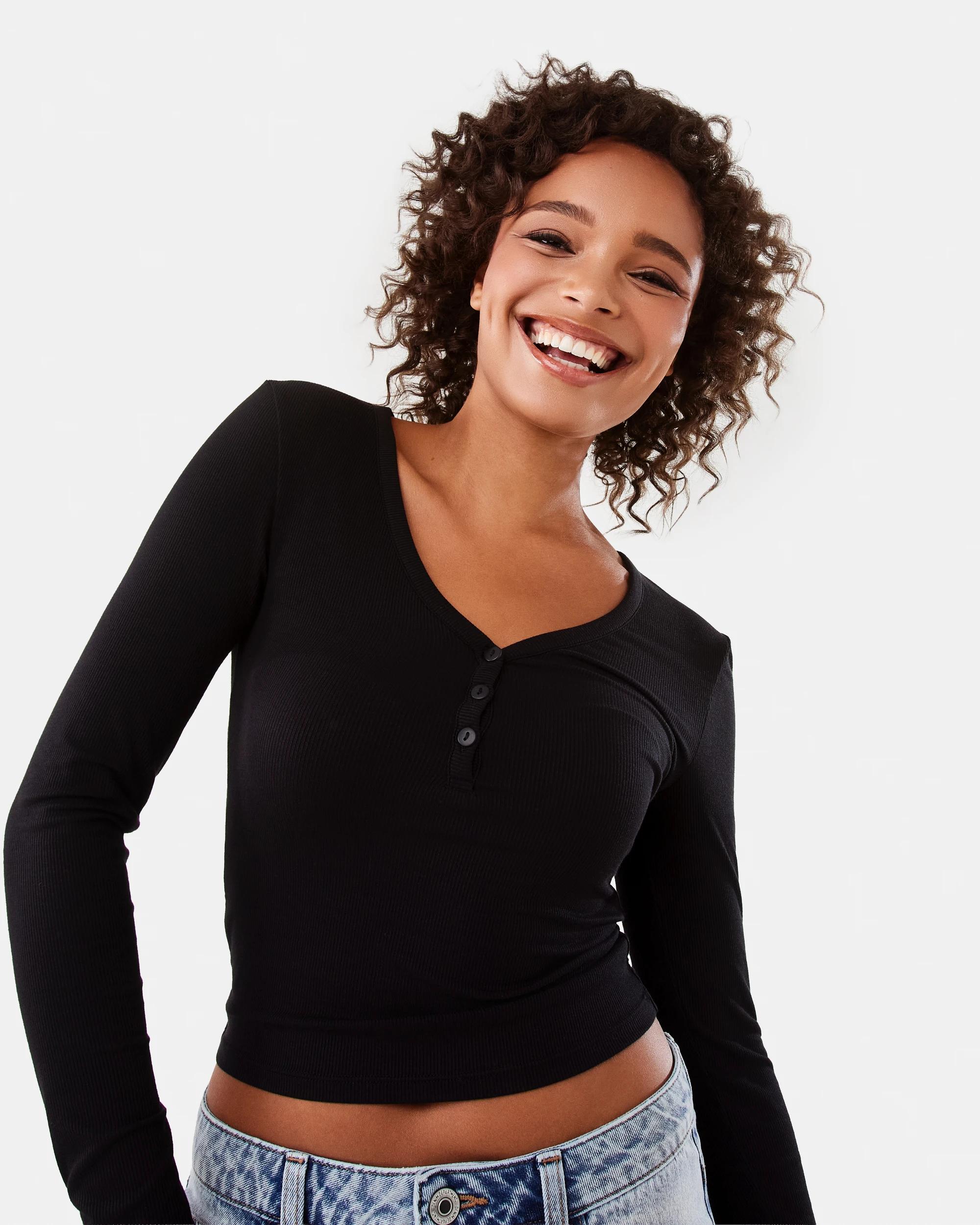 5 Long Sleeve Henley Top Black, 5 of 7