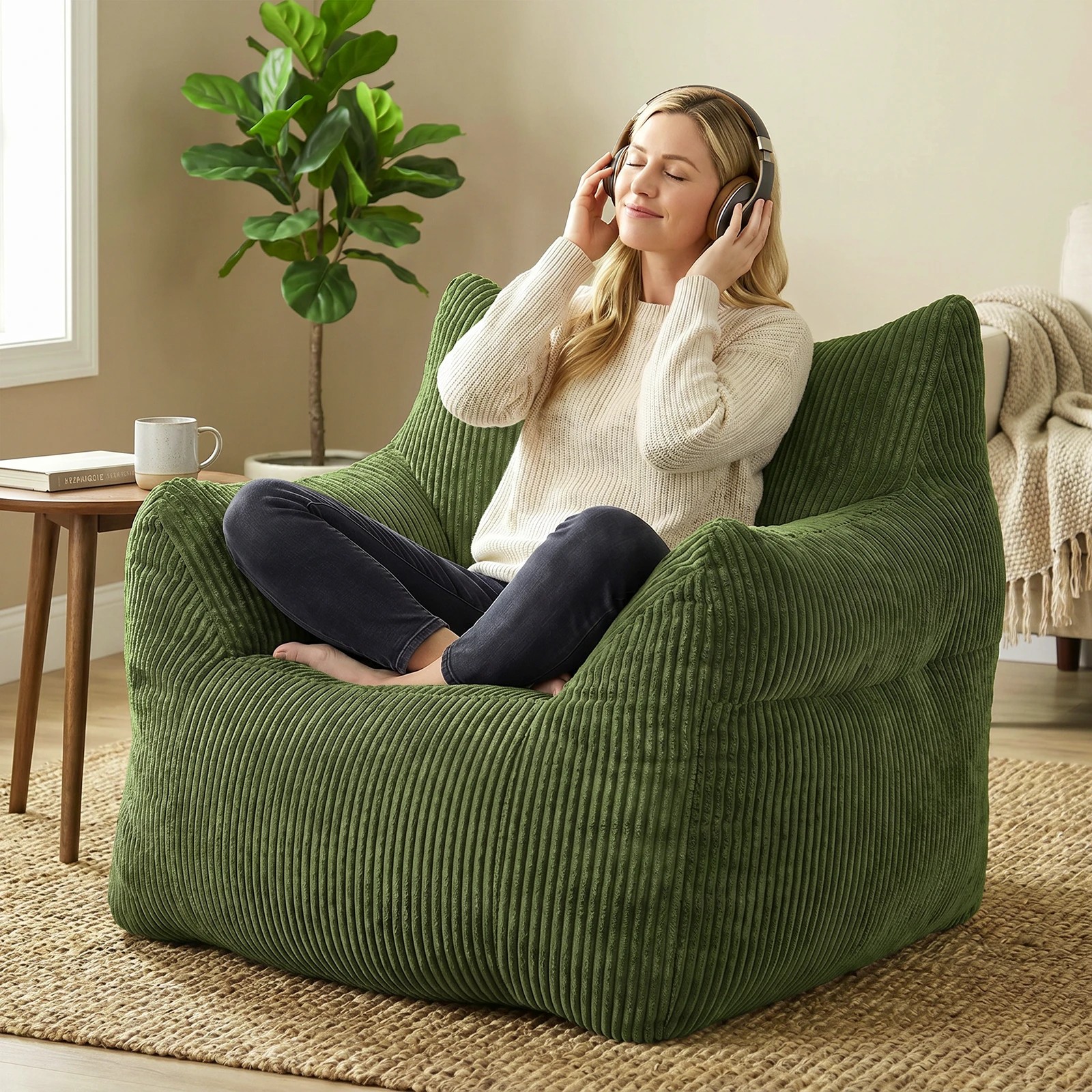 3 Advwin Bean Bag Chair Sofa w/ Armrest Handle Adults Teens Corduroy Lazy Floor Sofa - Green, 3 of 5