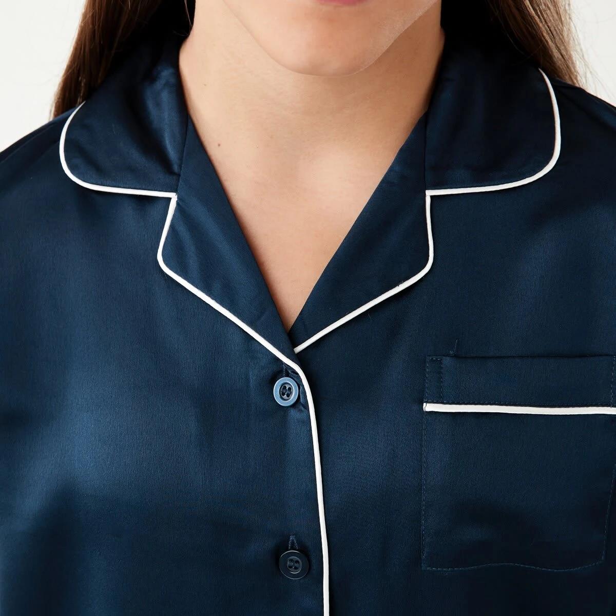 4 Long Sleeve Satin Pyjama Set Dress Navy, 4 of 10