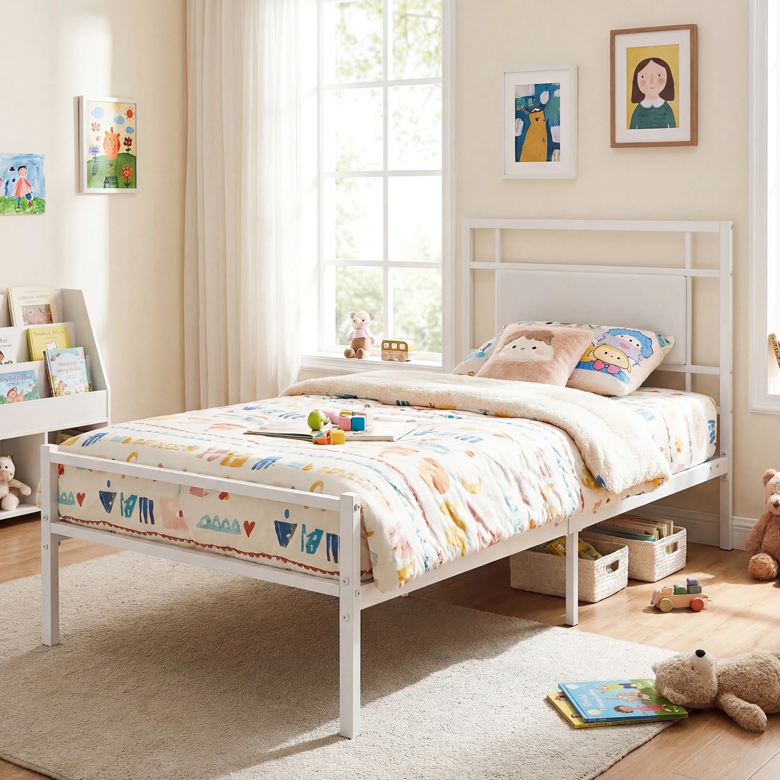 2 Costway Single Platform Bed Frame Upholstered Headboard Mattress Foundation Metal Slat Support - White, 2 of 5