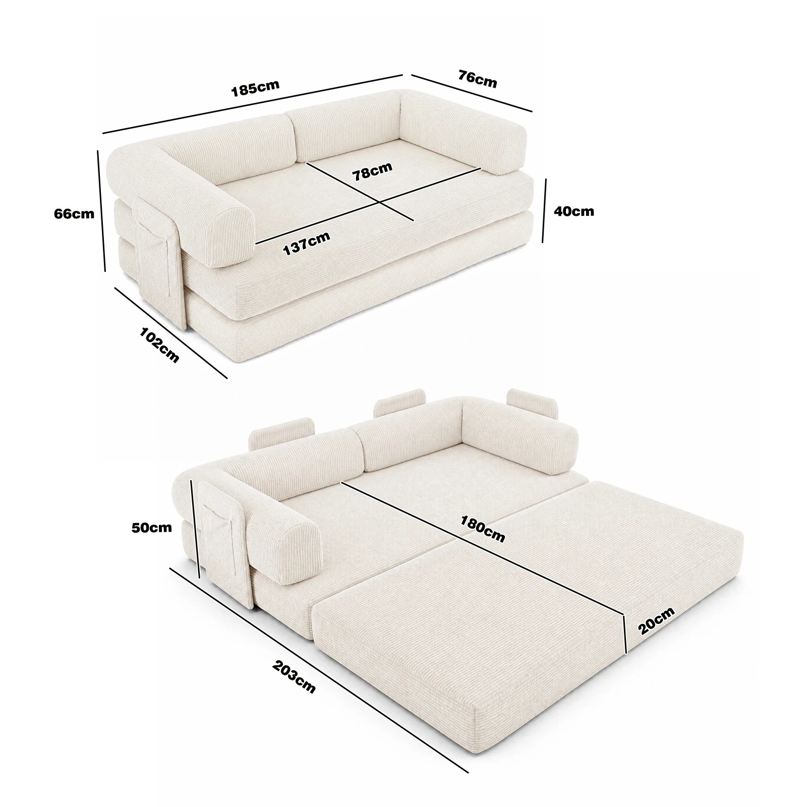 2 Advwin Folding Sofa Bed 5 in 1 Convertible Floor Loveseat Couch with L Shaped Armrests and Pockets - Beige, 2 of 2