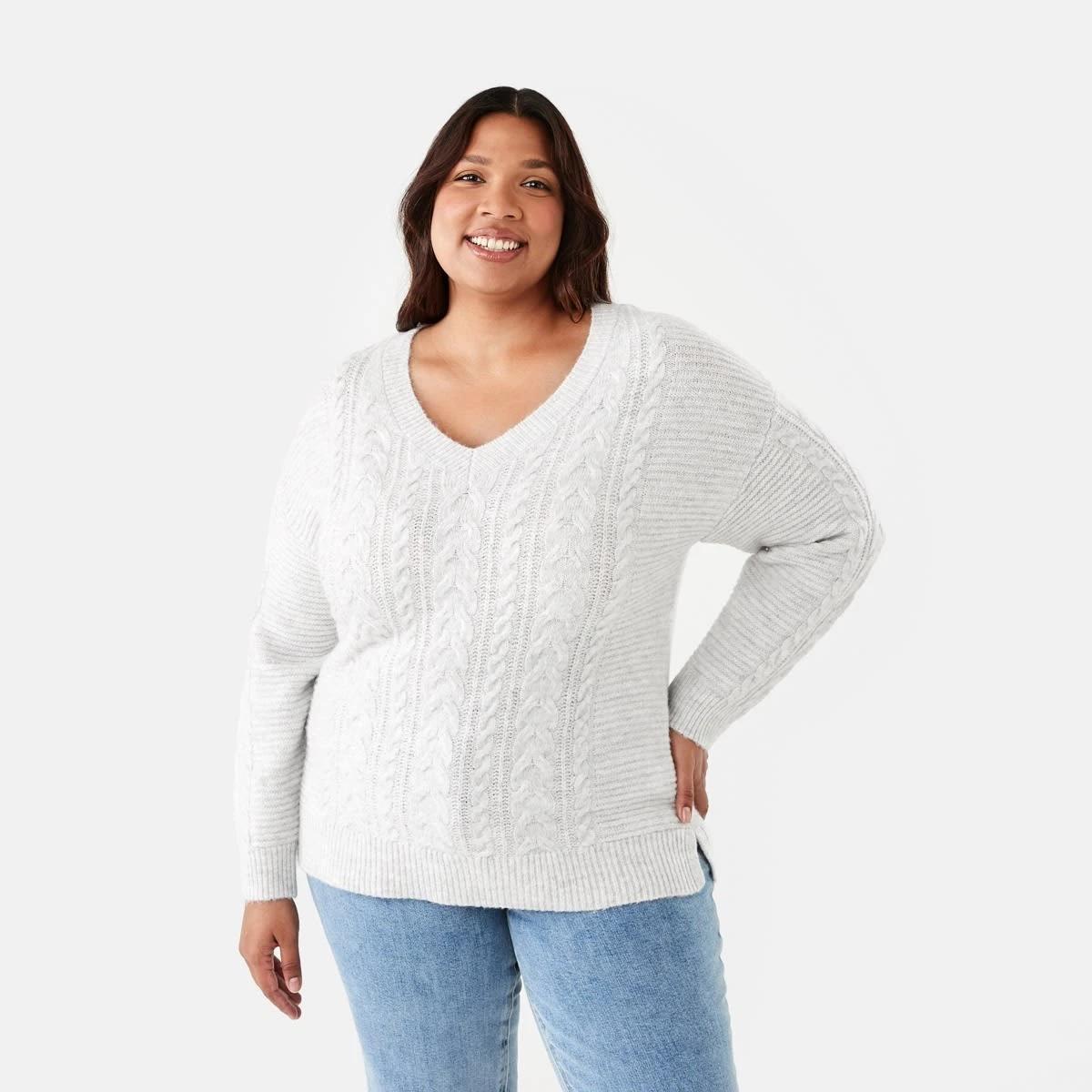 1 Curve Cable V-Neck Jumper Wht Marle, 1 of 6