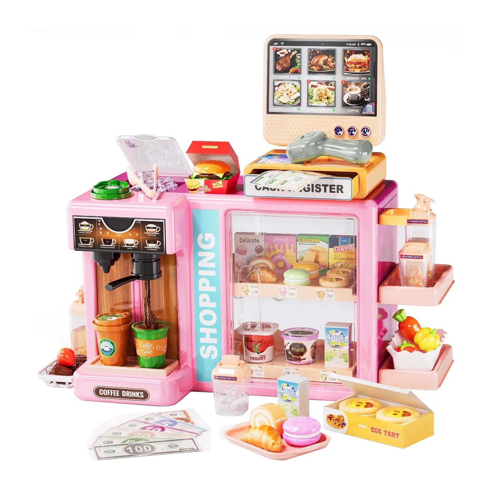 4 Ausway Kids Supermarket Role Playset with Scanner, Cash Register, Coffee Maker Play Food & Accessories, 4 of 7