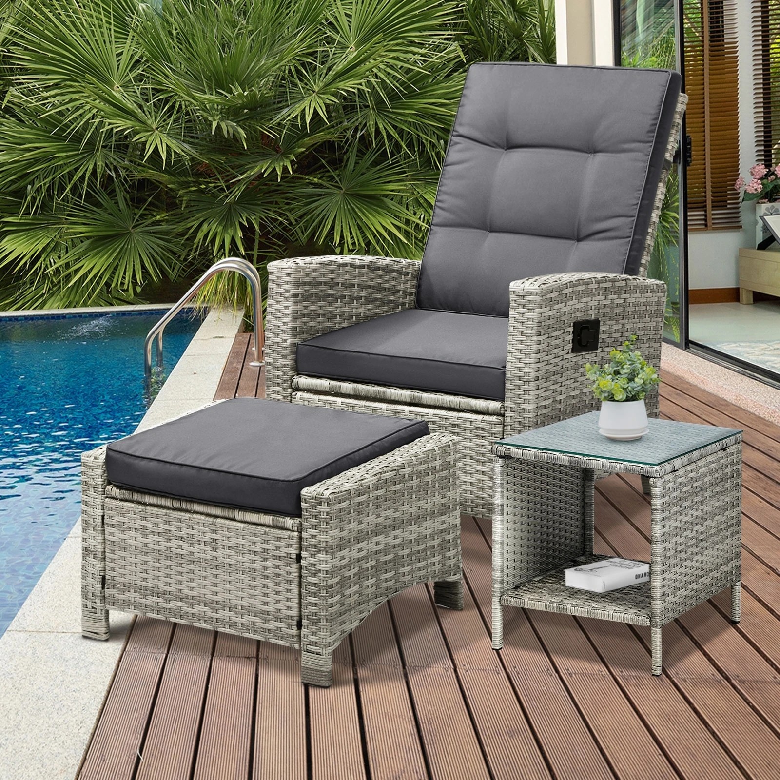 9 Livsip Recliner Chair Outdoor Sun Lounge Setting Wicker Sofa Patio Furniture 3pc
 - Grey, 9 of 10
