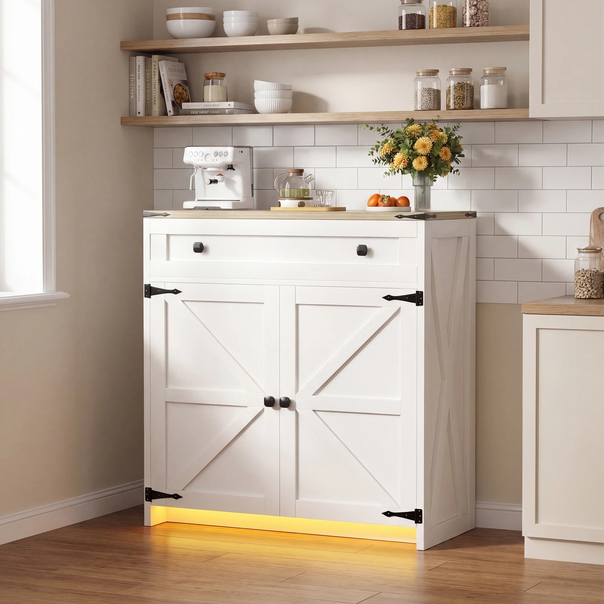 2 Advwin LED Farmhouse Sideboard Buffet Cabinet with 1 Drawer 2 Barn Doors - White, 2 of 10