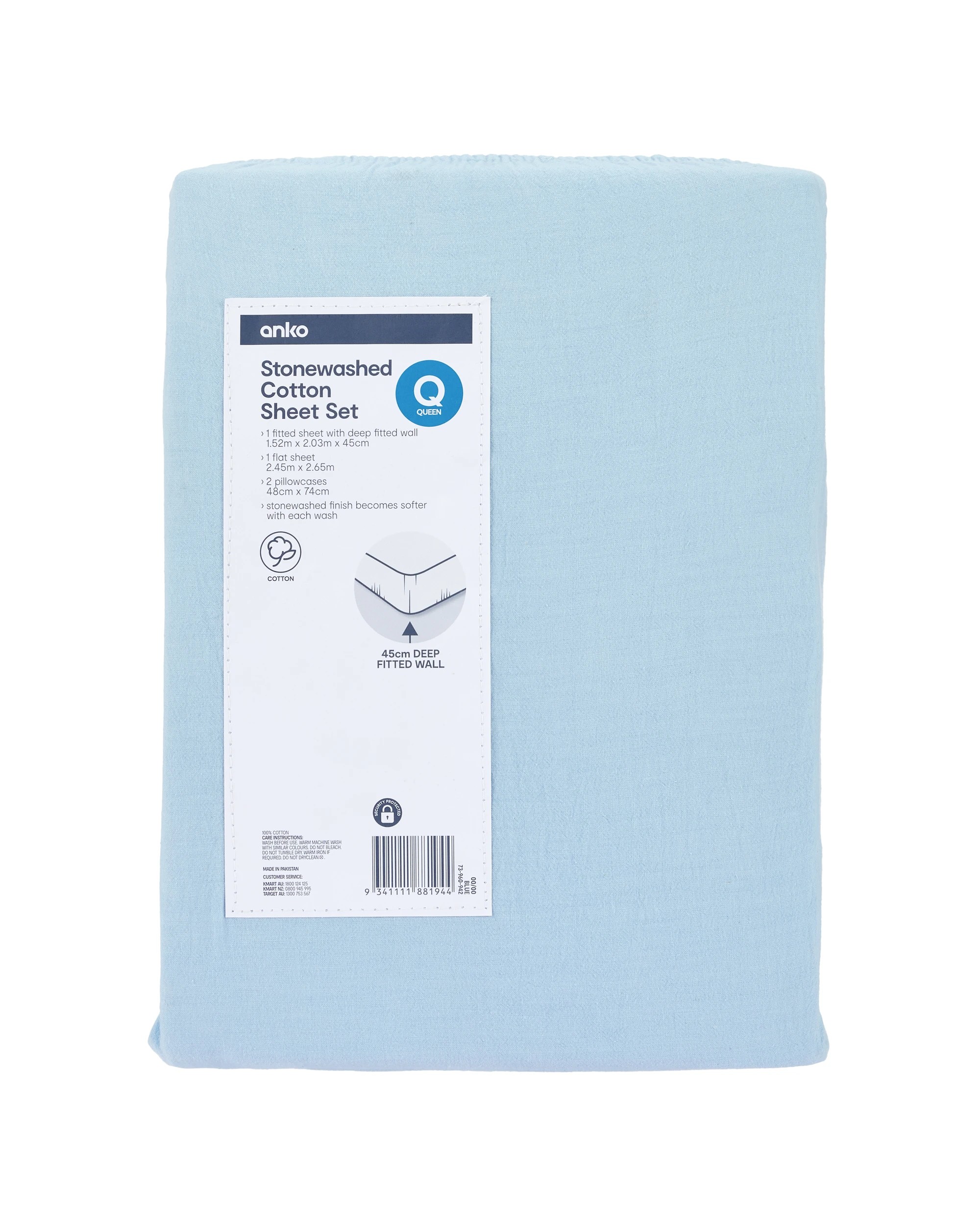 5 Stonewashed Cotton Sheet Set - Queen Bed, Blue, 5 of 5