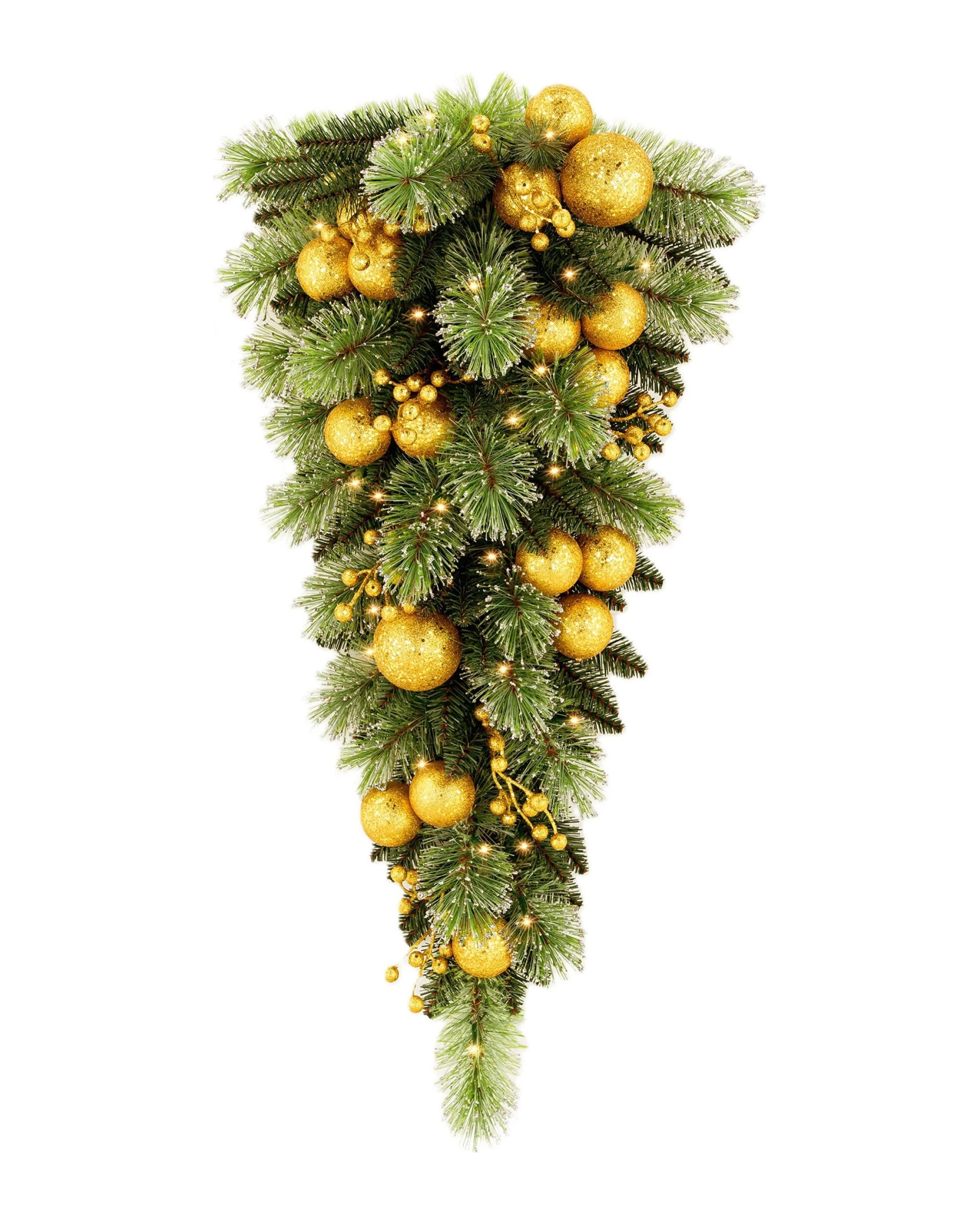 1 Christabelle 90cm Gold Christmas Teardrop Wreath Pre Lit Warm White LED Timer Baubles Berries Front Door Xmas Decoration, 1 of 10