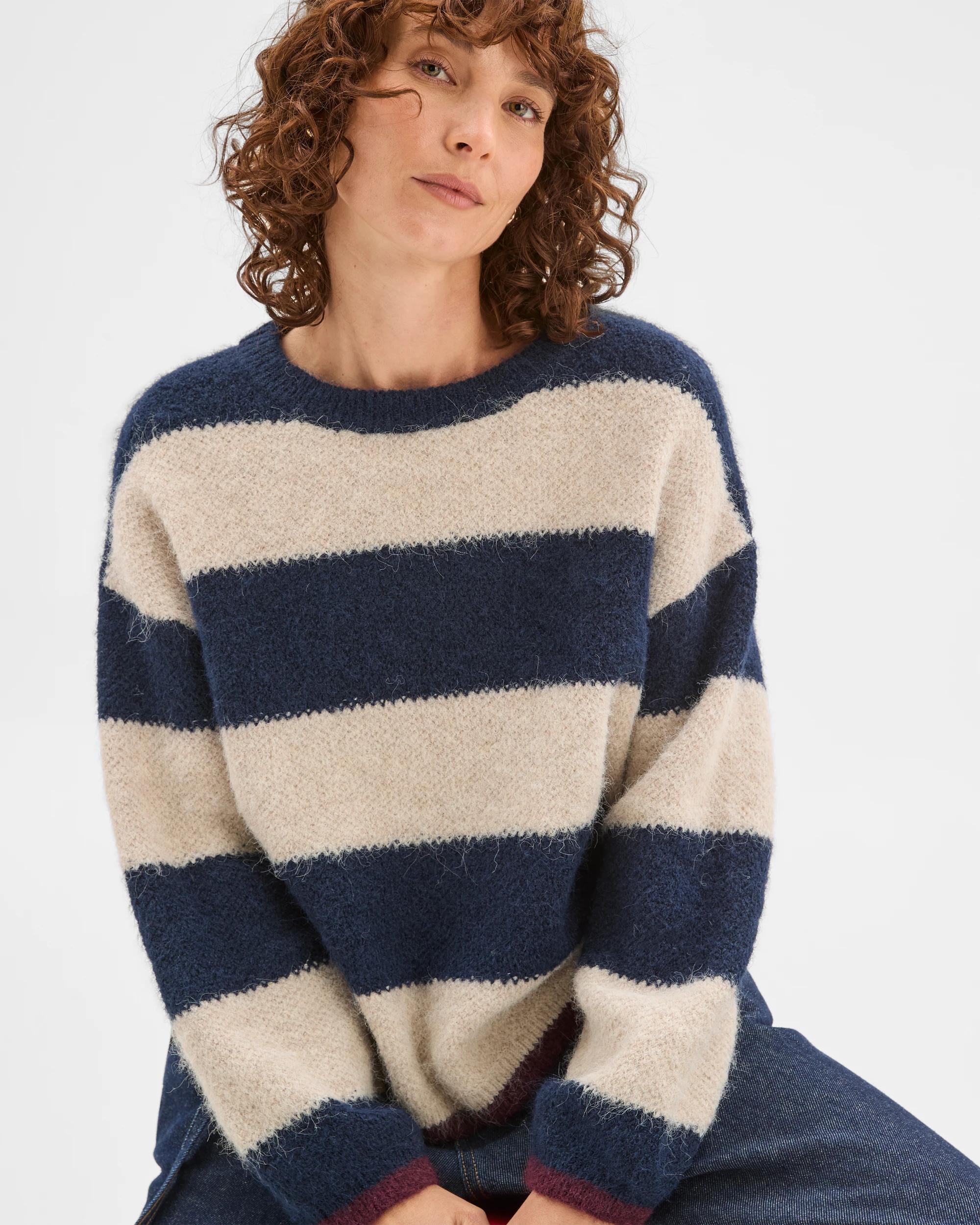 1 Target Woman Lofty Crew Neck Sweater INK NAVY/OATMEAL/PINOT STRIPE, 1 of 6