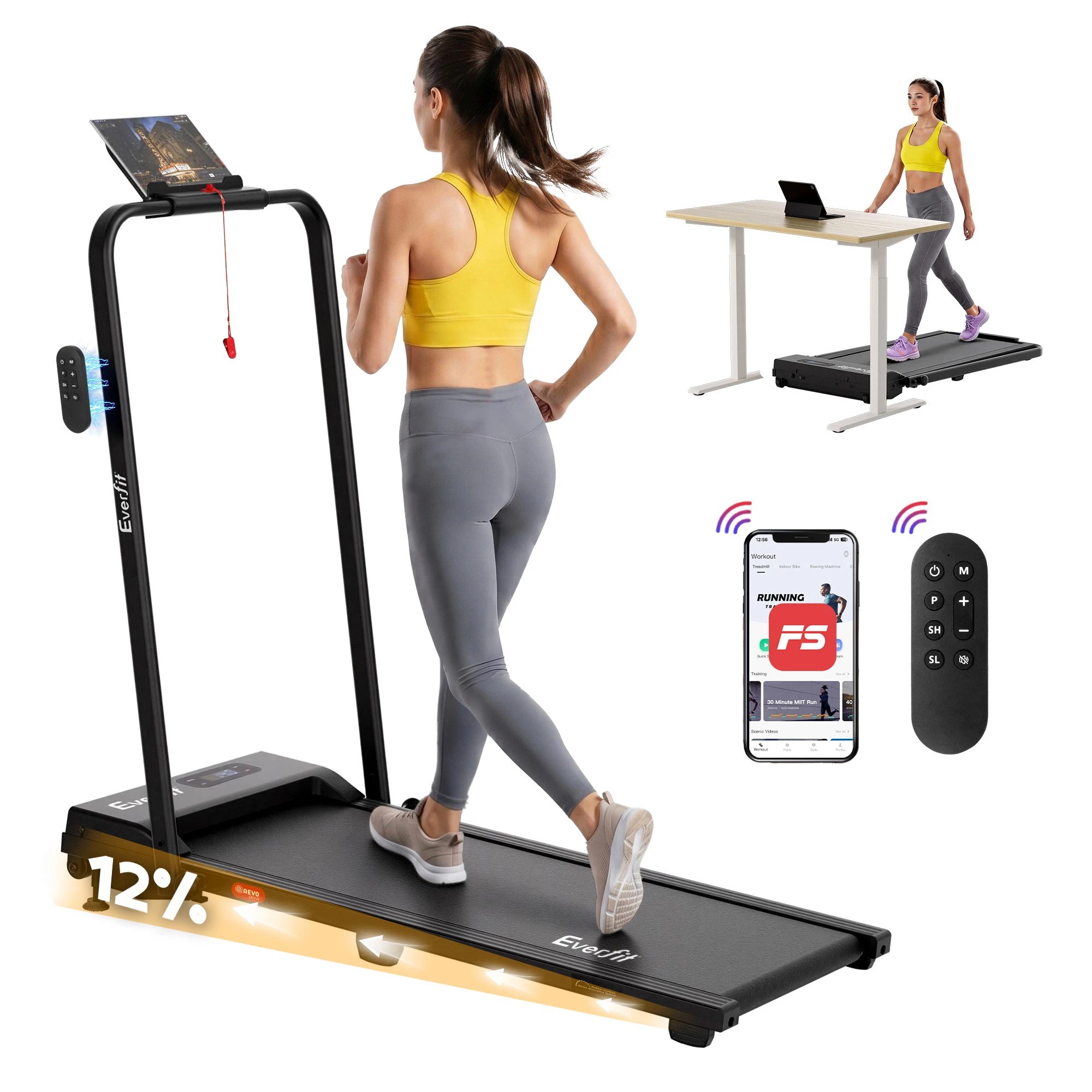 1 Everfit 3 in 1 Walking Pad Treadmill 12% Incline Under Desk Foldable for Home - Black, 1 of 10