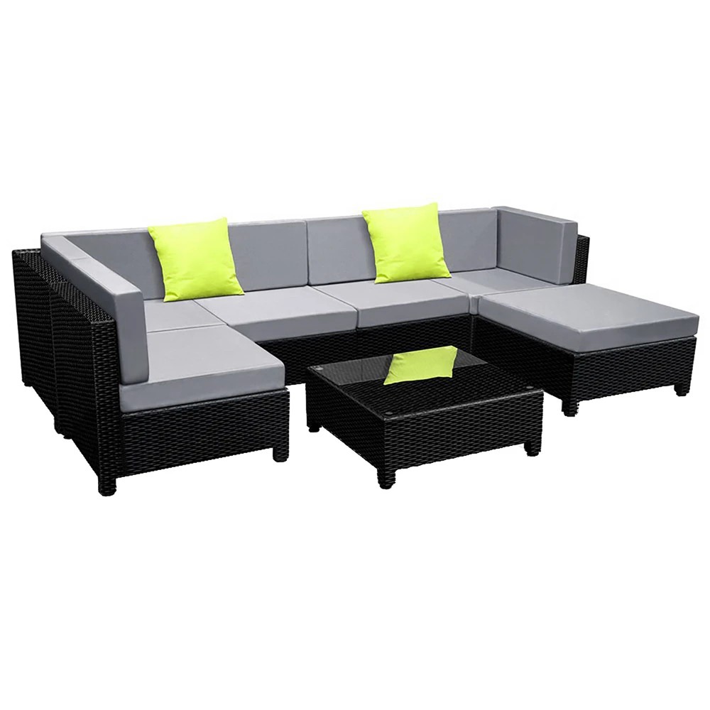 1 Gardeon 7-Piece Outdoor Sofa Set Wicker Couch Lounge Setting Seat Cover - Black, 1 of 7