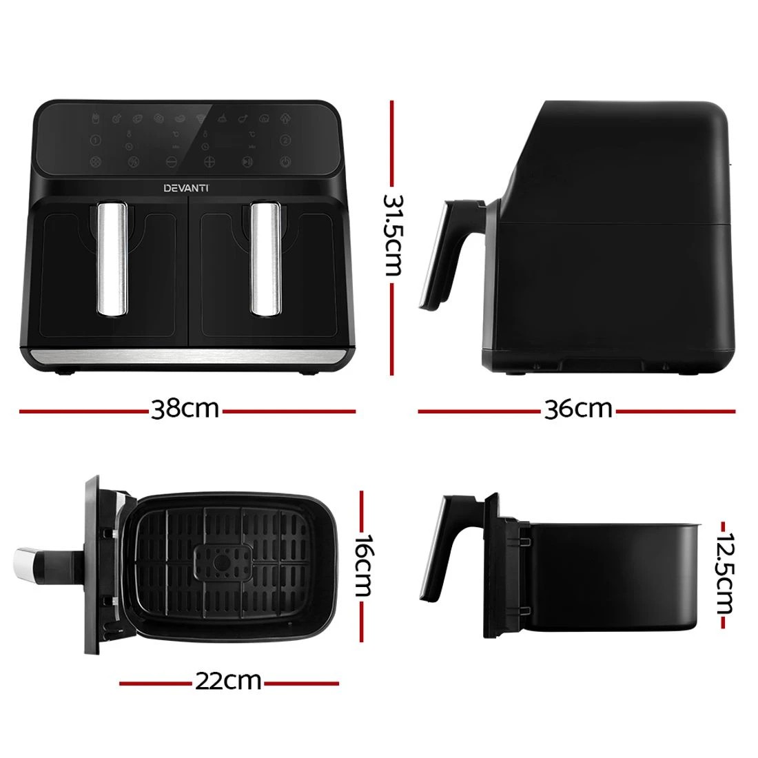 2 Devanti Air Fryer 8L Dual Zone Fryers - Black, 2 of 7