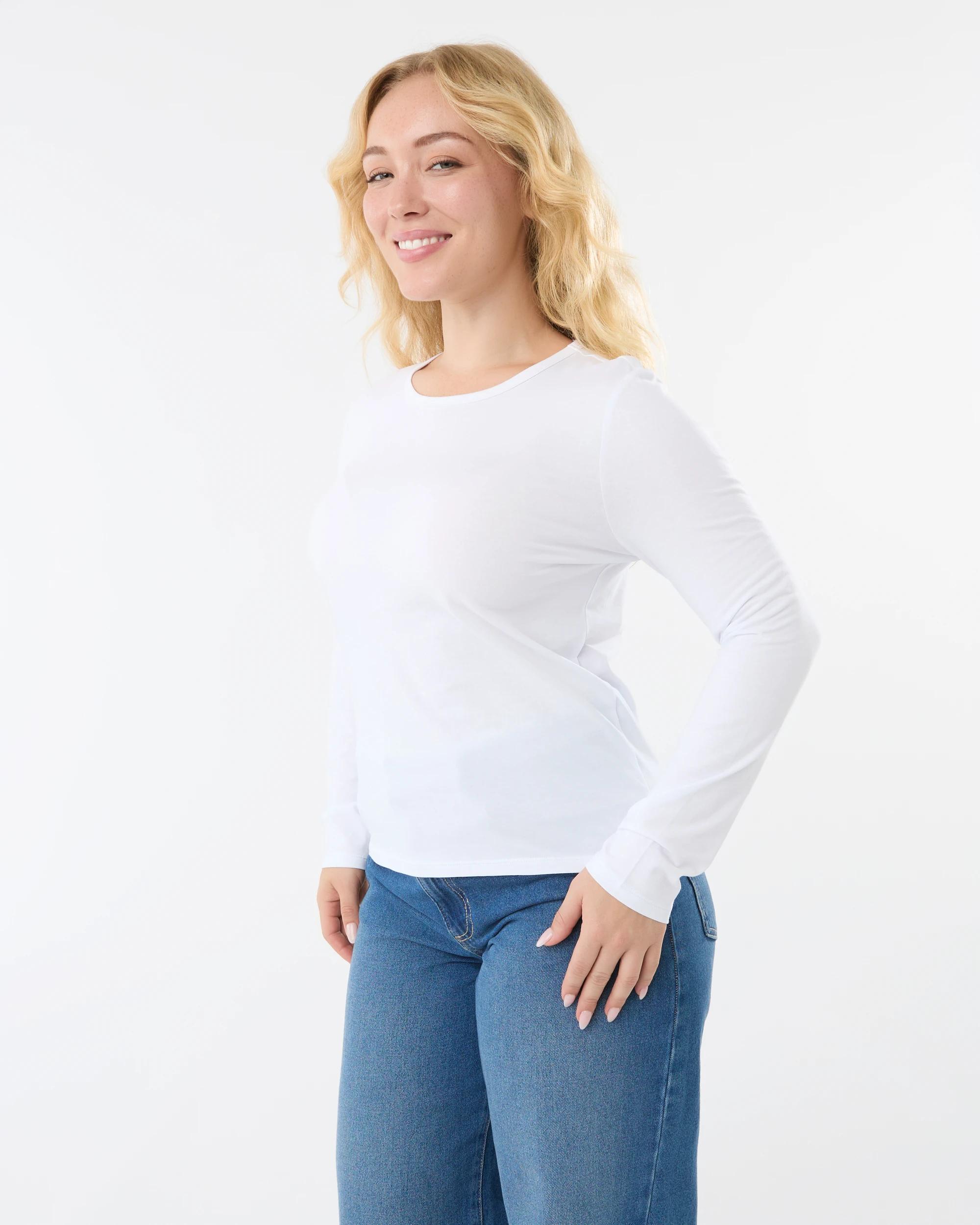 2 Long Sleeve Stretch Crew Neck T-shirt White, 2 of 6