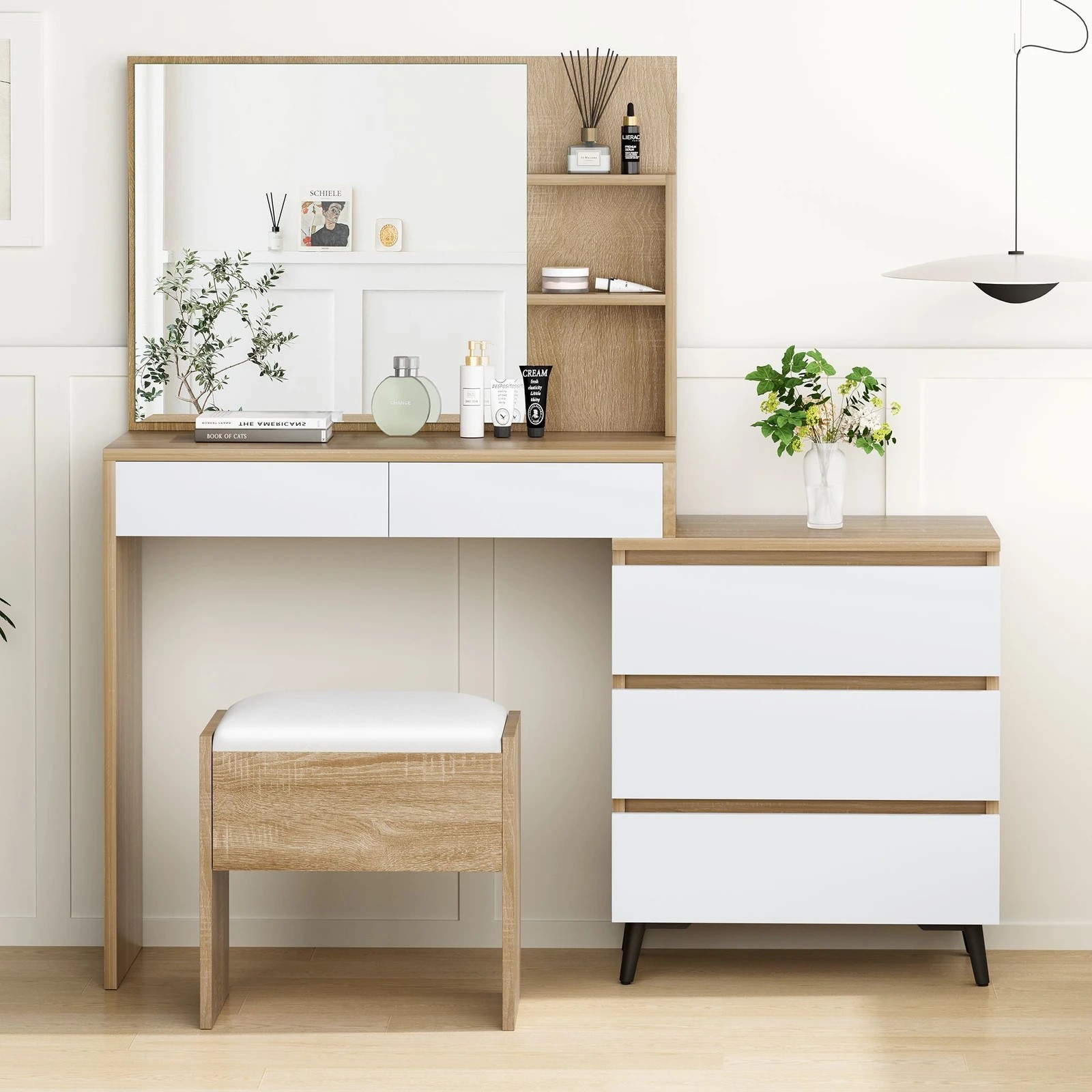 8 Alfordson Dressing Table Stool Set Makeup Mirror Desk Storage Drawers - Wood, 8 of 10