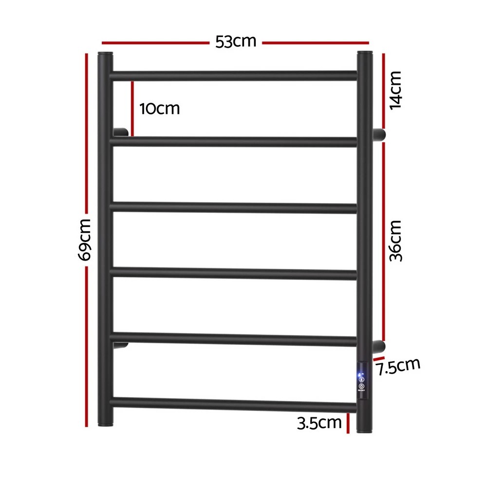 2 Devanti Heated Towel Rail 6 Round Bars  with Timer Electric Heater Warmer Rack - Black, 2 of 6