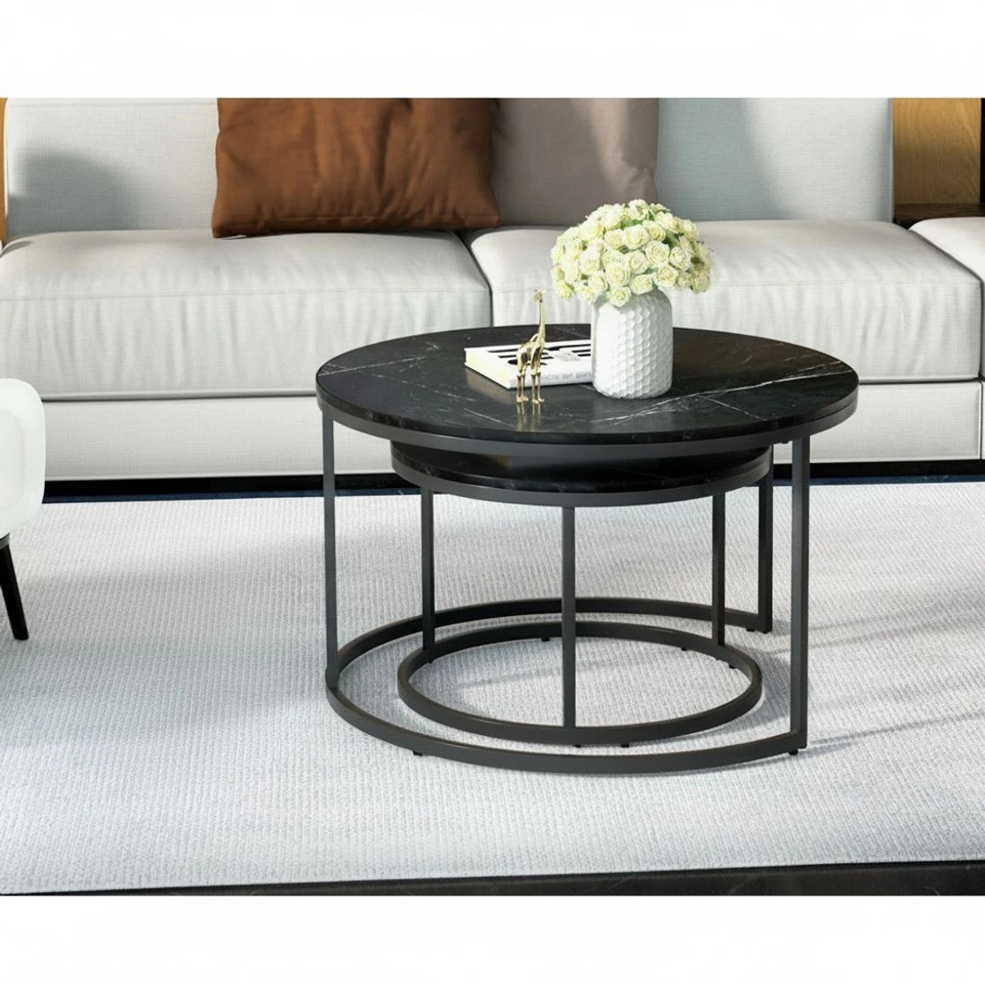 3 Artiss Nesting Coffee Table Set of 2 Marble Effect Tika - Black, 3 of 5