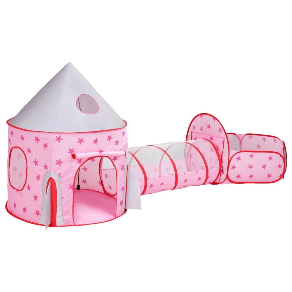 1 Keezi Kids Playhouse Play Tent Pop Up Castle Crawl Tunnel Basketball Hoop - Pink, 1 of 6