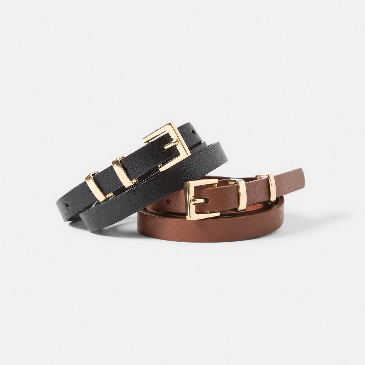 1 2 Pack Skinny Belts BLACK, BROWN TAN, 1 of 10
