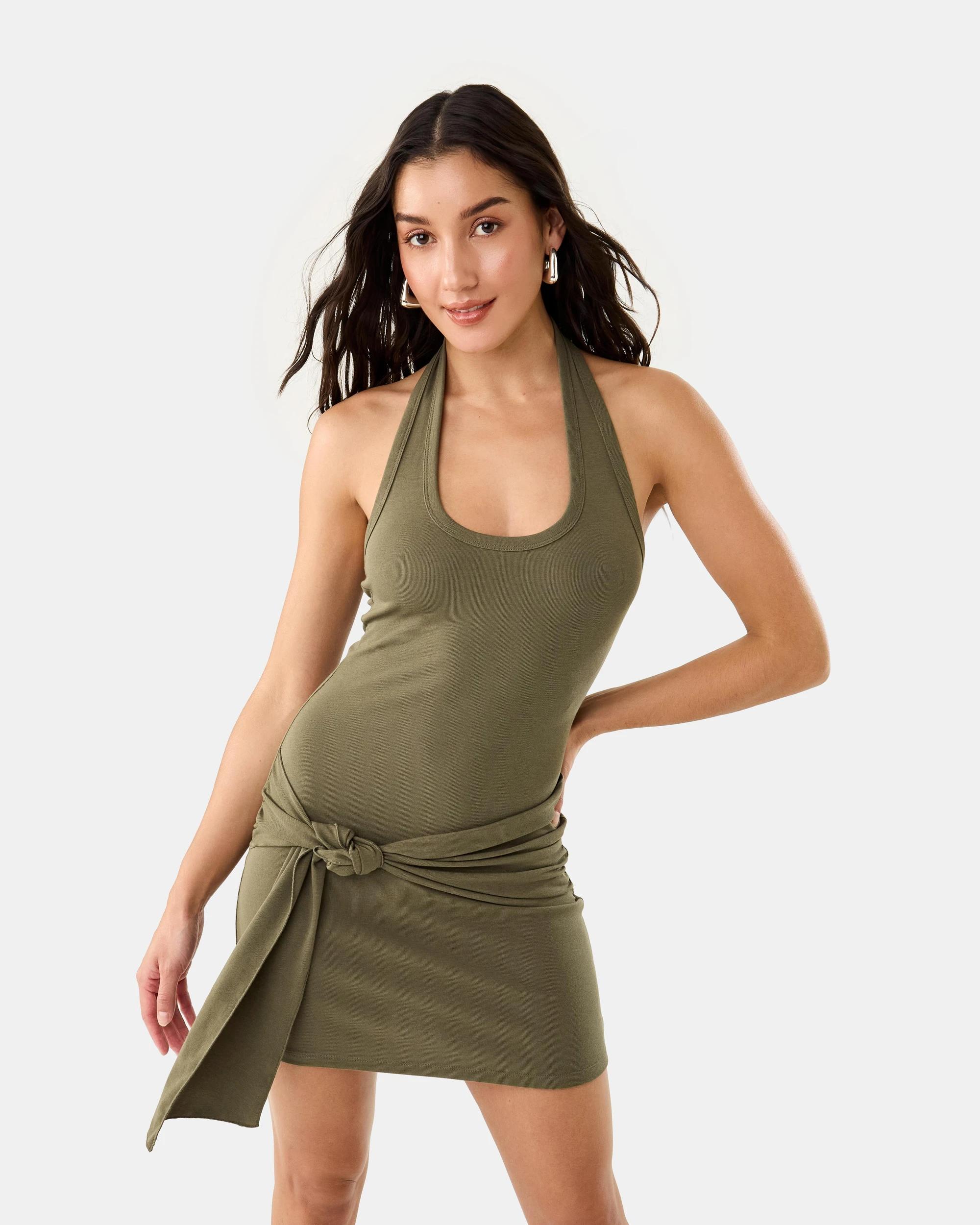 1 Sleeveless Ruched Jersey Mini Dress Deep Olive, 1 of 10