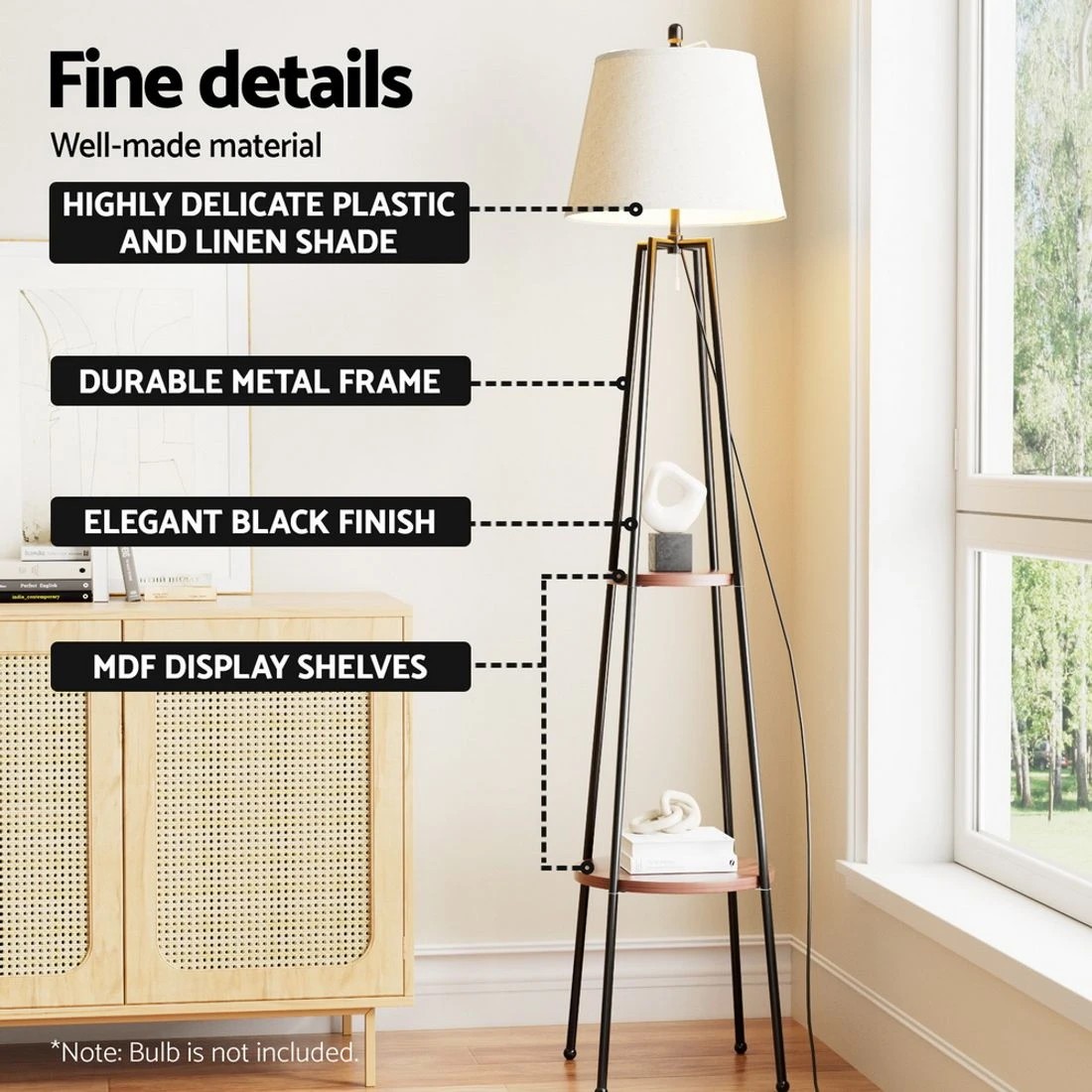 5 Artiss Floor Lamp 2 Tier Shelf Storage Light Stand Home Living Room Upright Display Space Saving - Black, 5 of 5