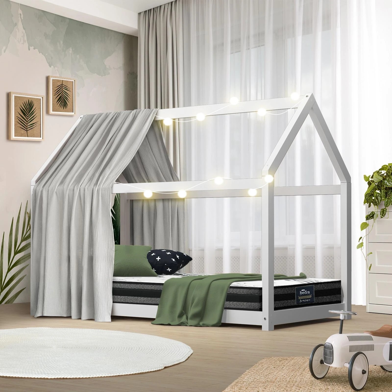 2 Oikiture Kids Bed Frame With Single Mattress Set House Style White
 - White, 2 of 10