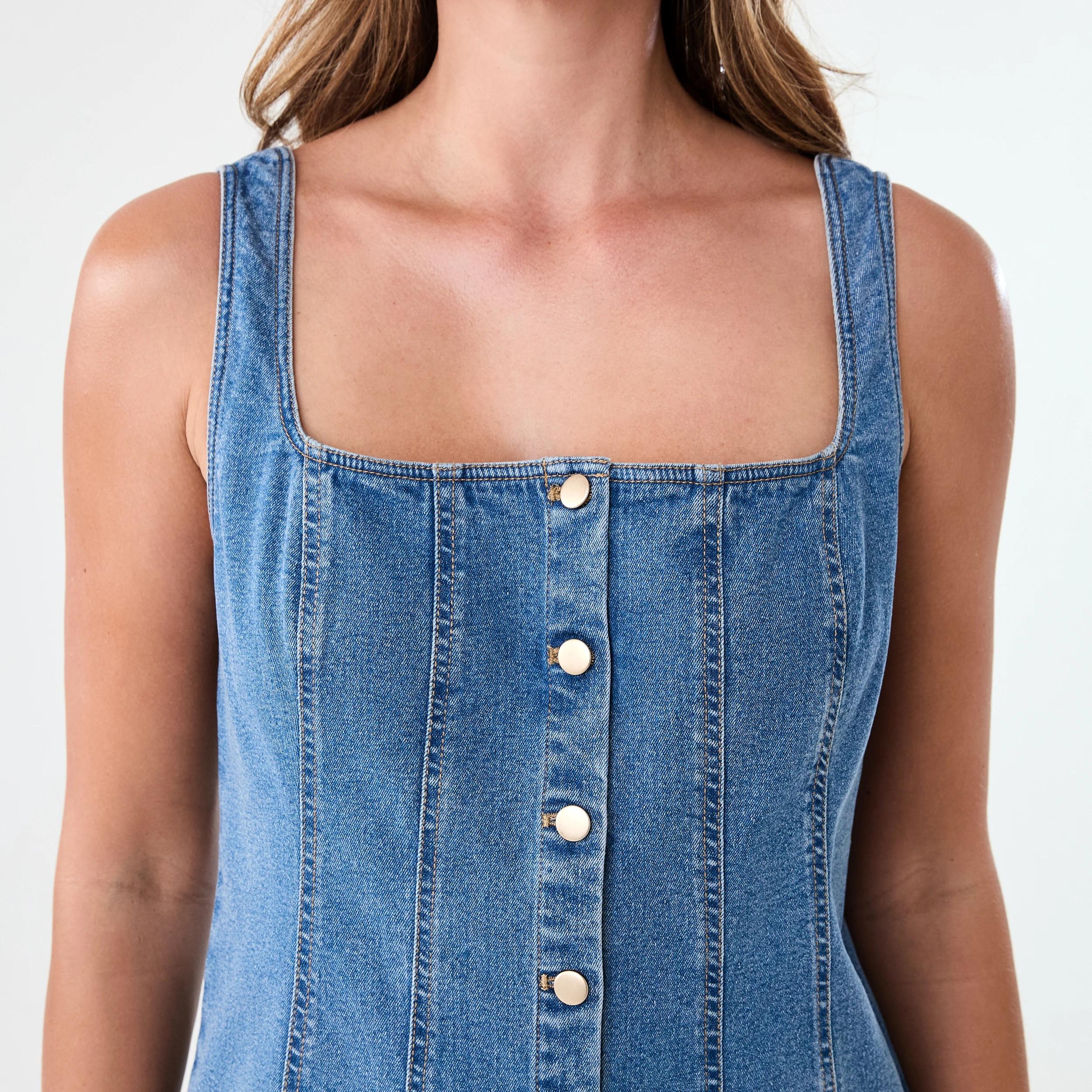 5 Sleeveless Square Neck Denim Mini Dress Mid Wash, 5 of 7