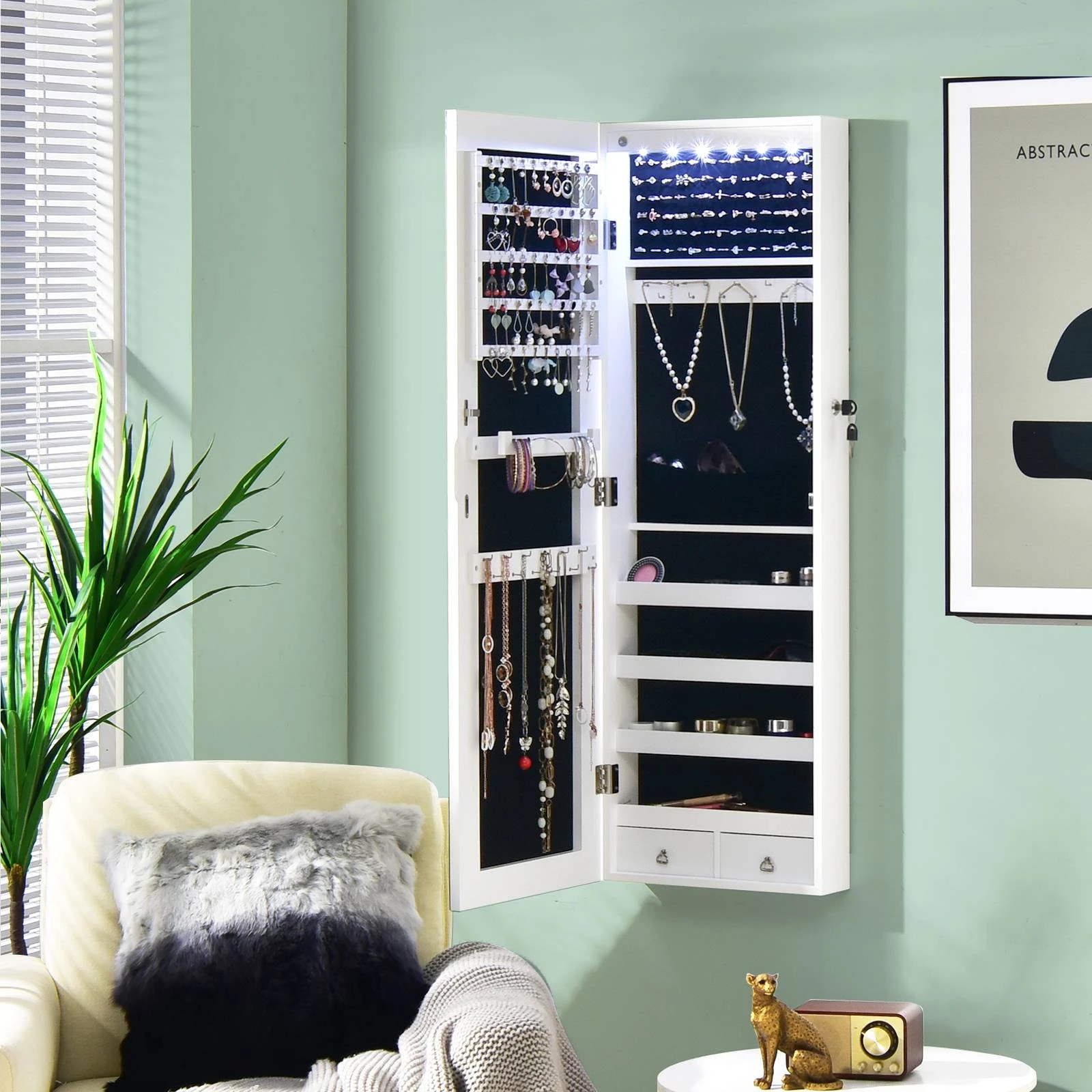 3 Costway Mirrored LED Jewellery Cabinet Wall/Door Mounted Jewelry Armoire w/2 Drawers Box Organizer - White, 3 of 4