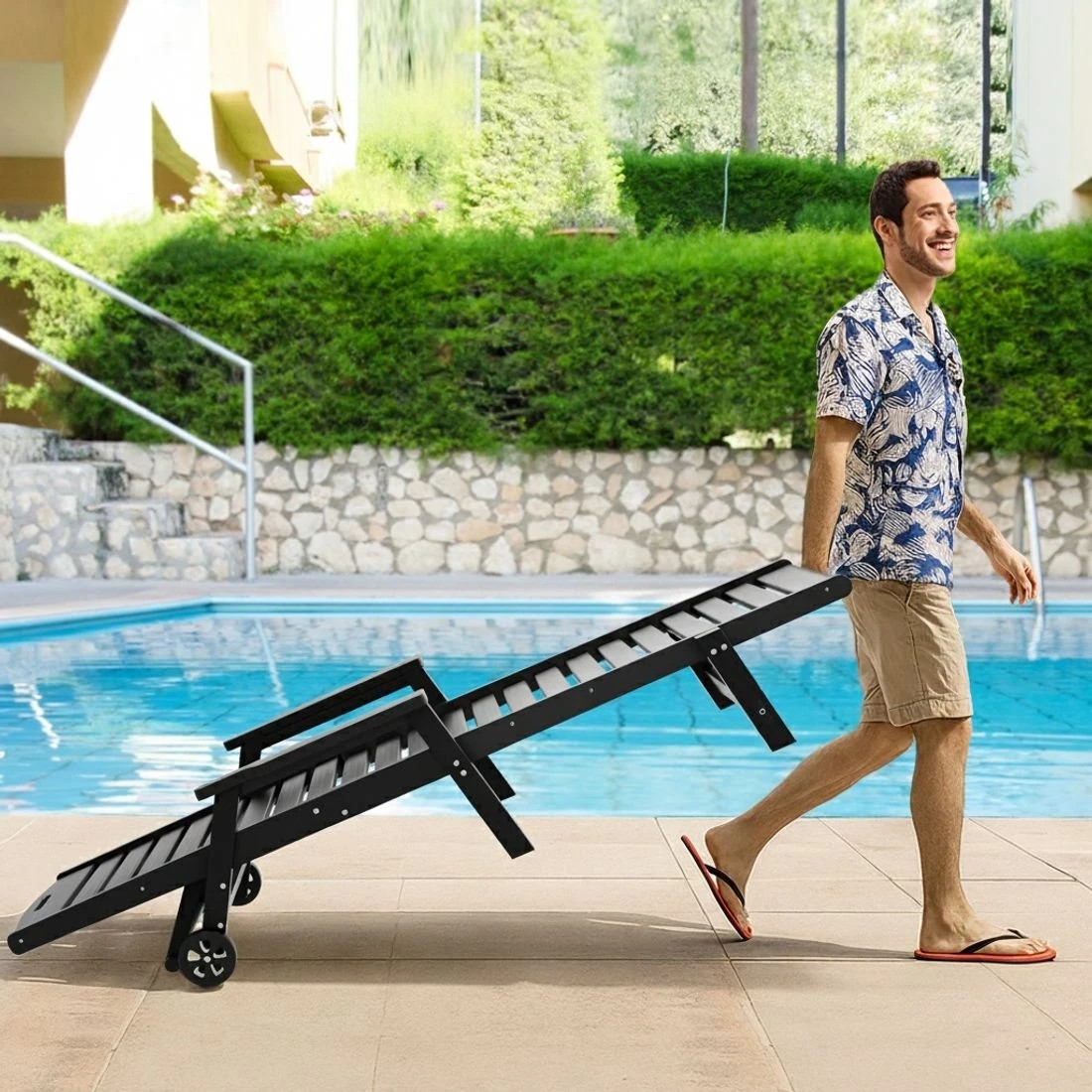 6 Gardeon Sun Lounge Lounger Beach Chair HDPE Patio Outdoor Furniture with Wheels - Black, 6 of 6