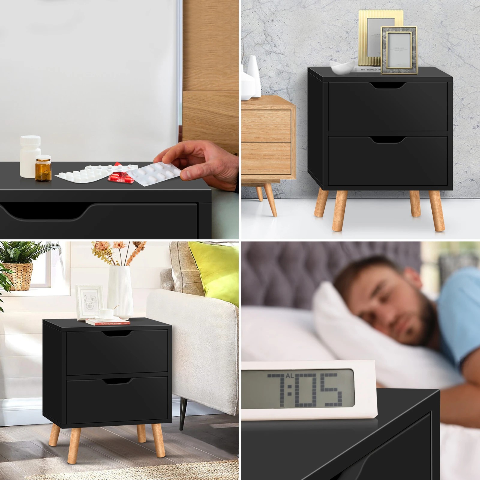 4 Alfordson 2x Bedside Table Nightstand Side Table 2 Drawers - Black, 4 of 10