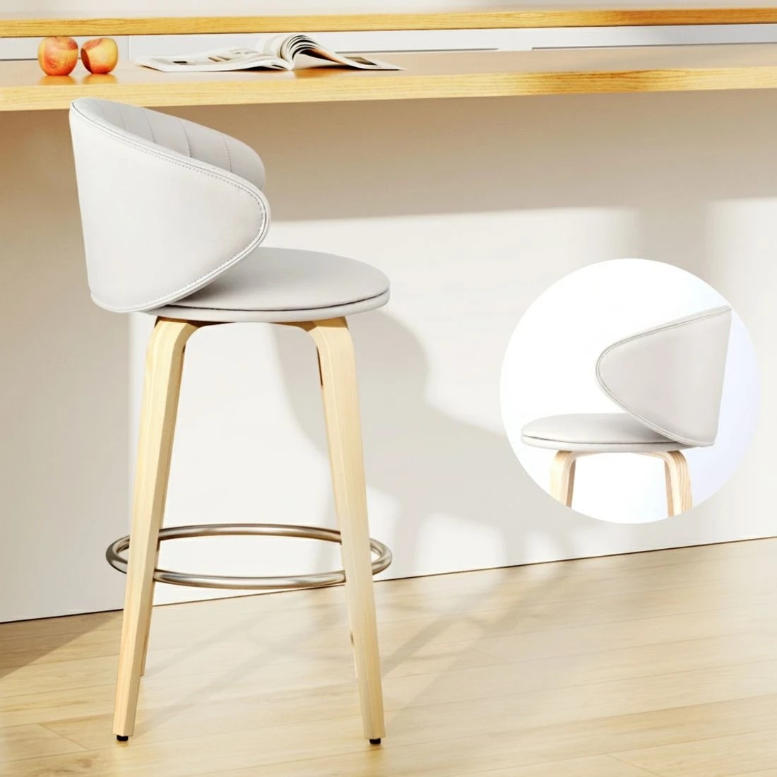 4 4x Artiss Bar Stools Dining Chairs Contou Leather Wood Stool - Beige, 4 of 5