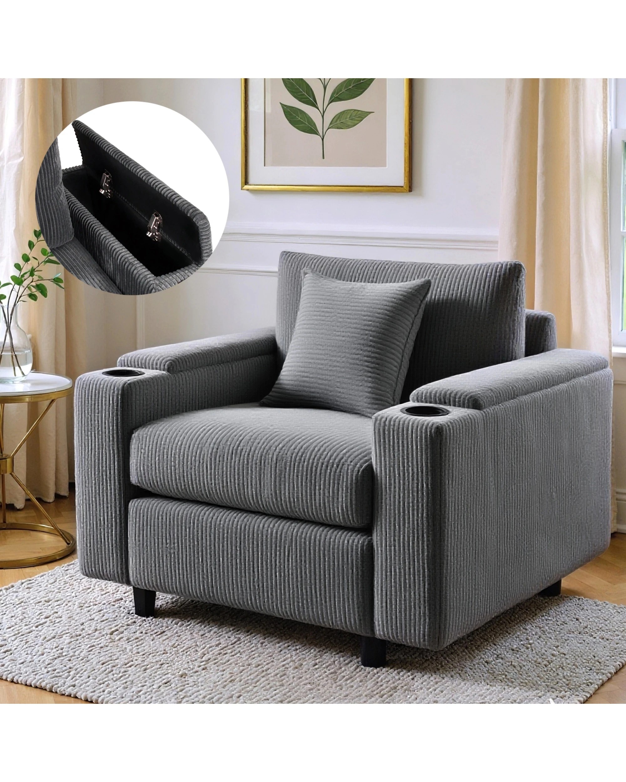 2 Advwin Single Sofa w/ Storage Armrests Corduroy Armchair w/ Cup Holder Modern Lounge Sofa Couch with Cushion, 2 of 9