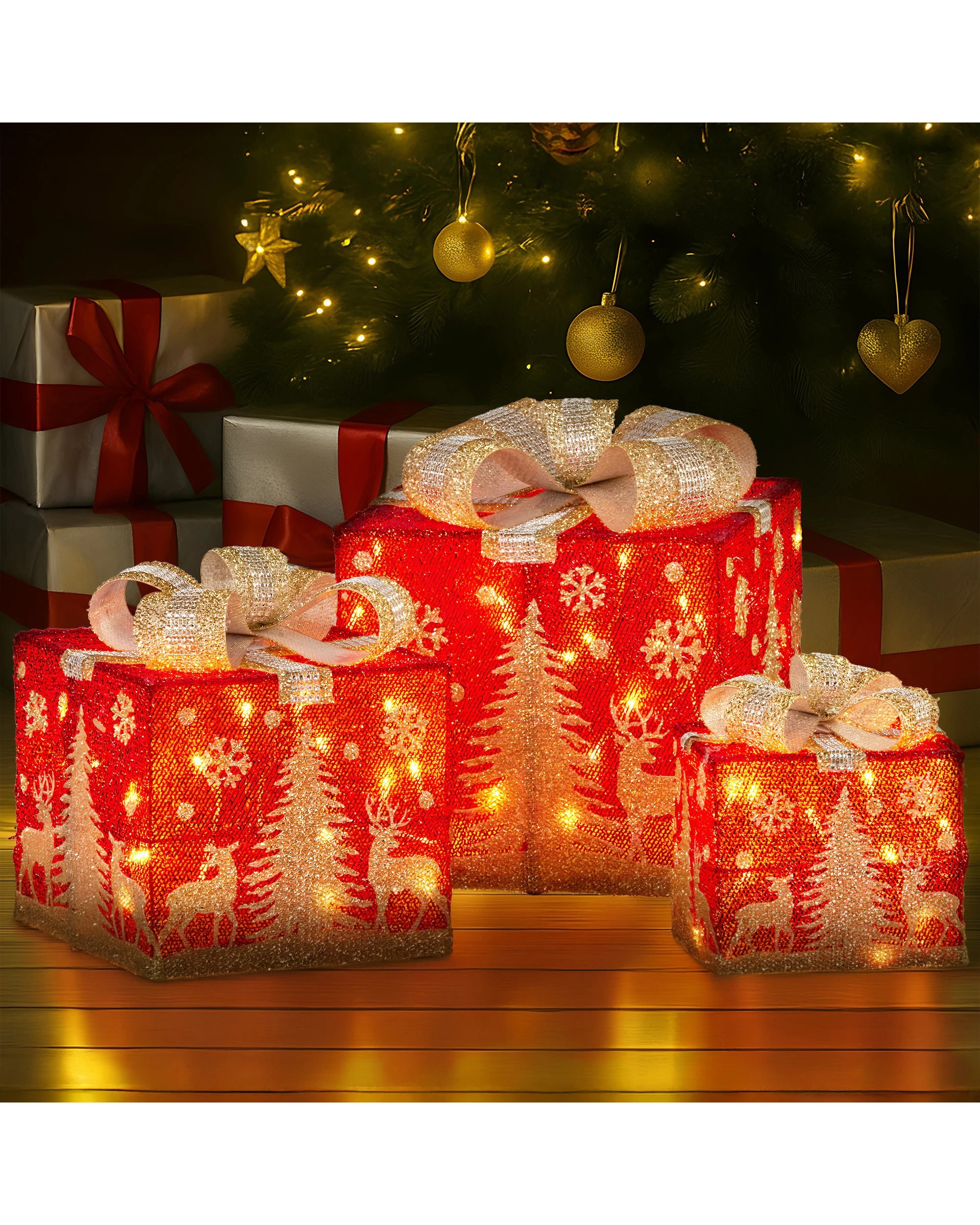 4 Christabelle Set Of 3 Christmas Gift Box Display With Led Lights And Bows Decoration Ornament, 4 of 6