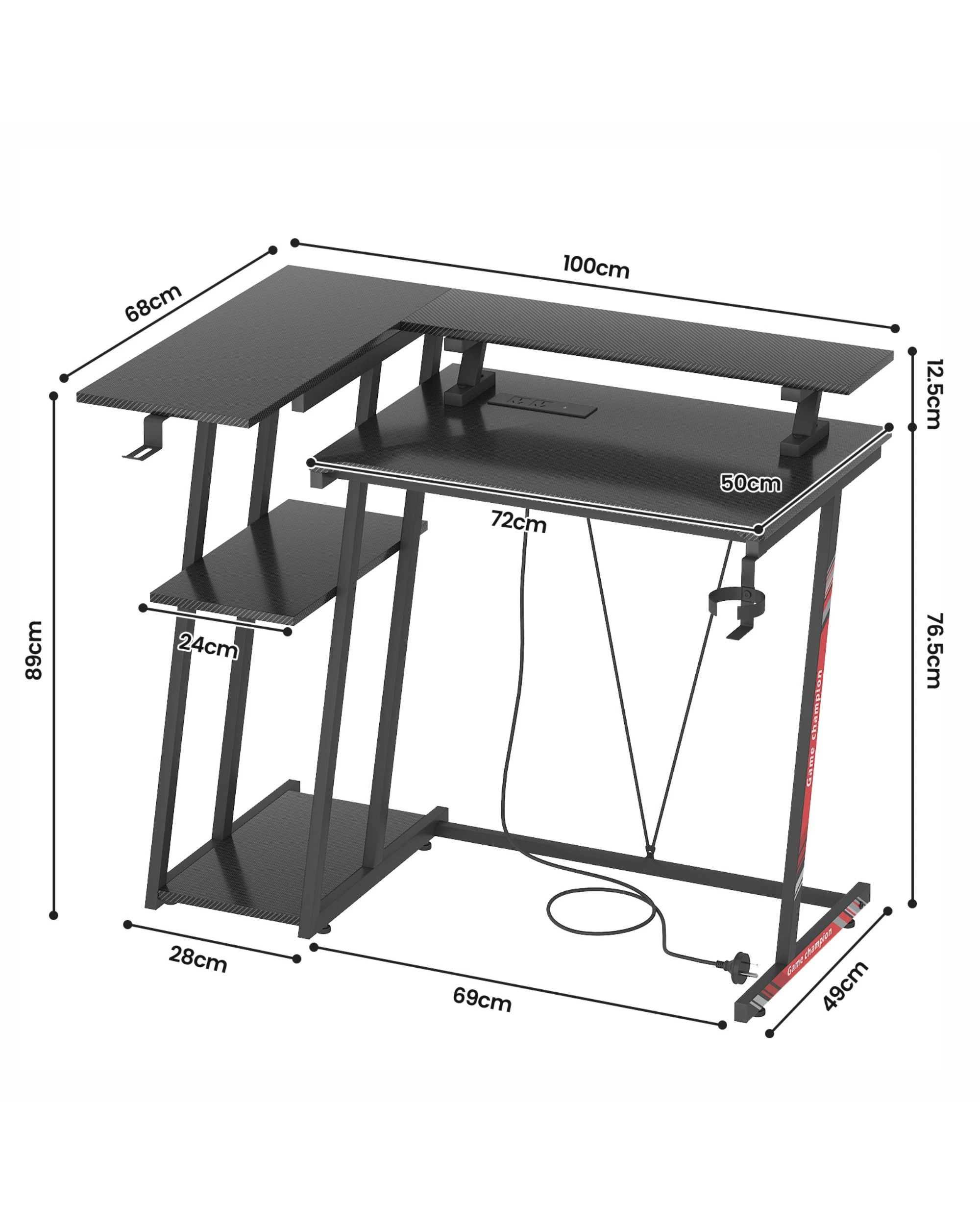 2 Ufurniture 100cm L Shape Gaming Desk, RGB LED Lights, Power Outlet, Corner Gamer Table with Monitor Stand - Black, 2 of 9