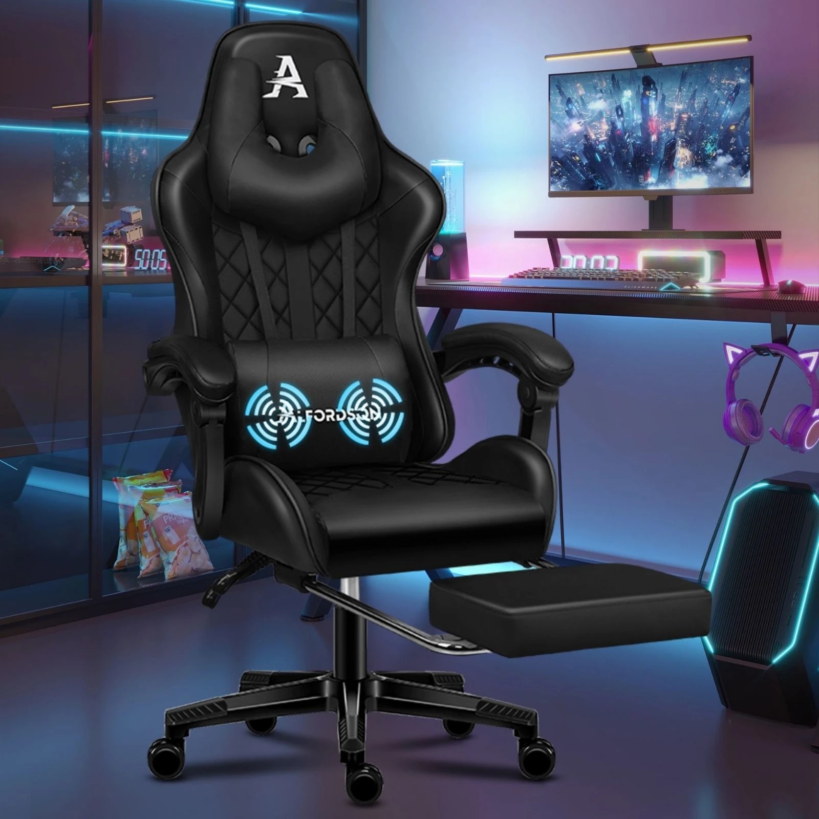 9 Alfordson Gaming Chair Office Racer Large Lumbar Cushion Footrest Seat Leather - Black, 9 of 10