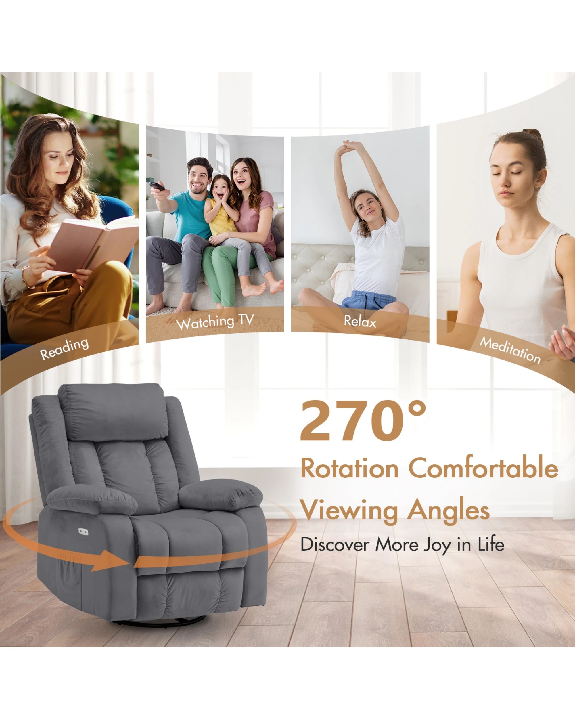 5 Advwin Recliner Chair Electric Heat Massage Chair Lounge Armchair Rotatable Velvet Grey, 5 of 8