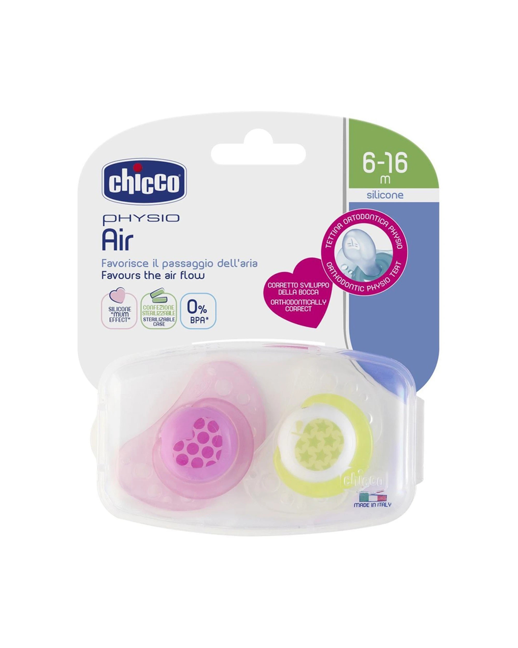 1 Chicco Physio Air Silicone Soother 6-16 Months 2 Pack Ventilated Ergonomic - Multi, 1 of 1