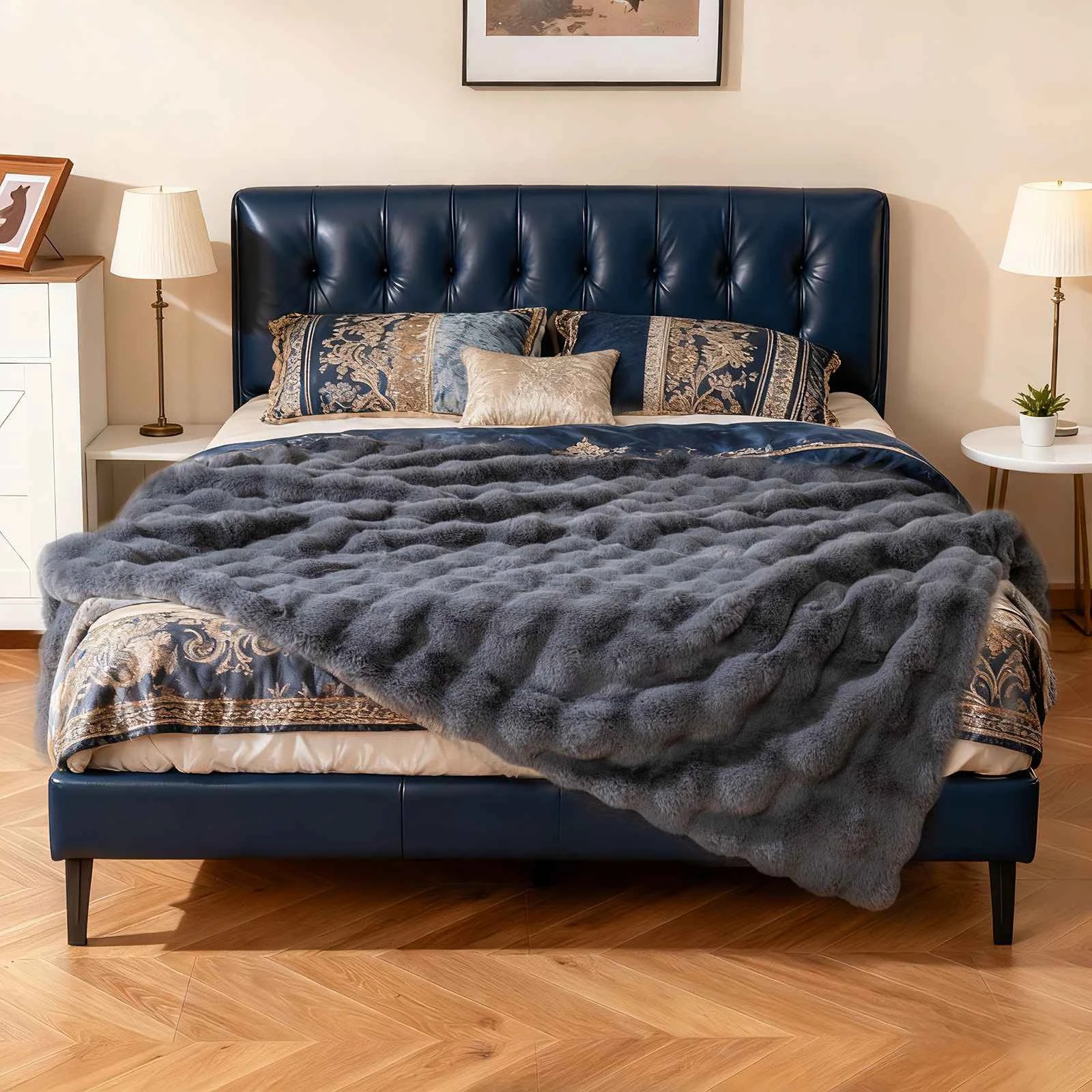 4 ostway Bubble Faux Rabbit Fur Throw Blanket Reversible Soft Plush Sofa Bed Blanket - Grey, 4 of 4