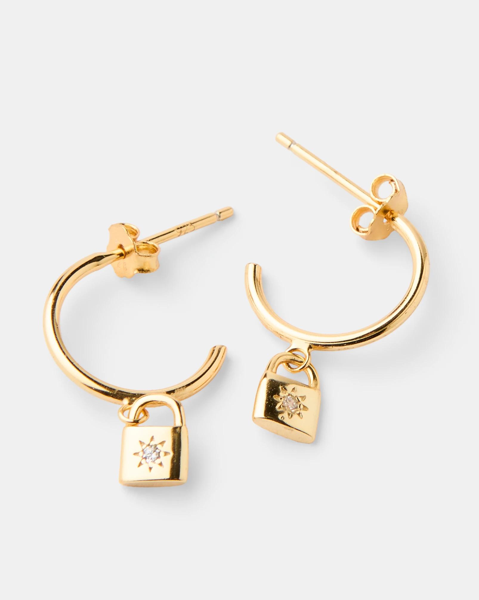 3 Gold Plated Sterling Silver 925 Cubic Zirconia Lock Huggie Hoop Earrings Gold, 3 of 4