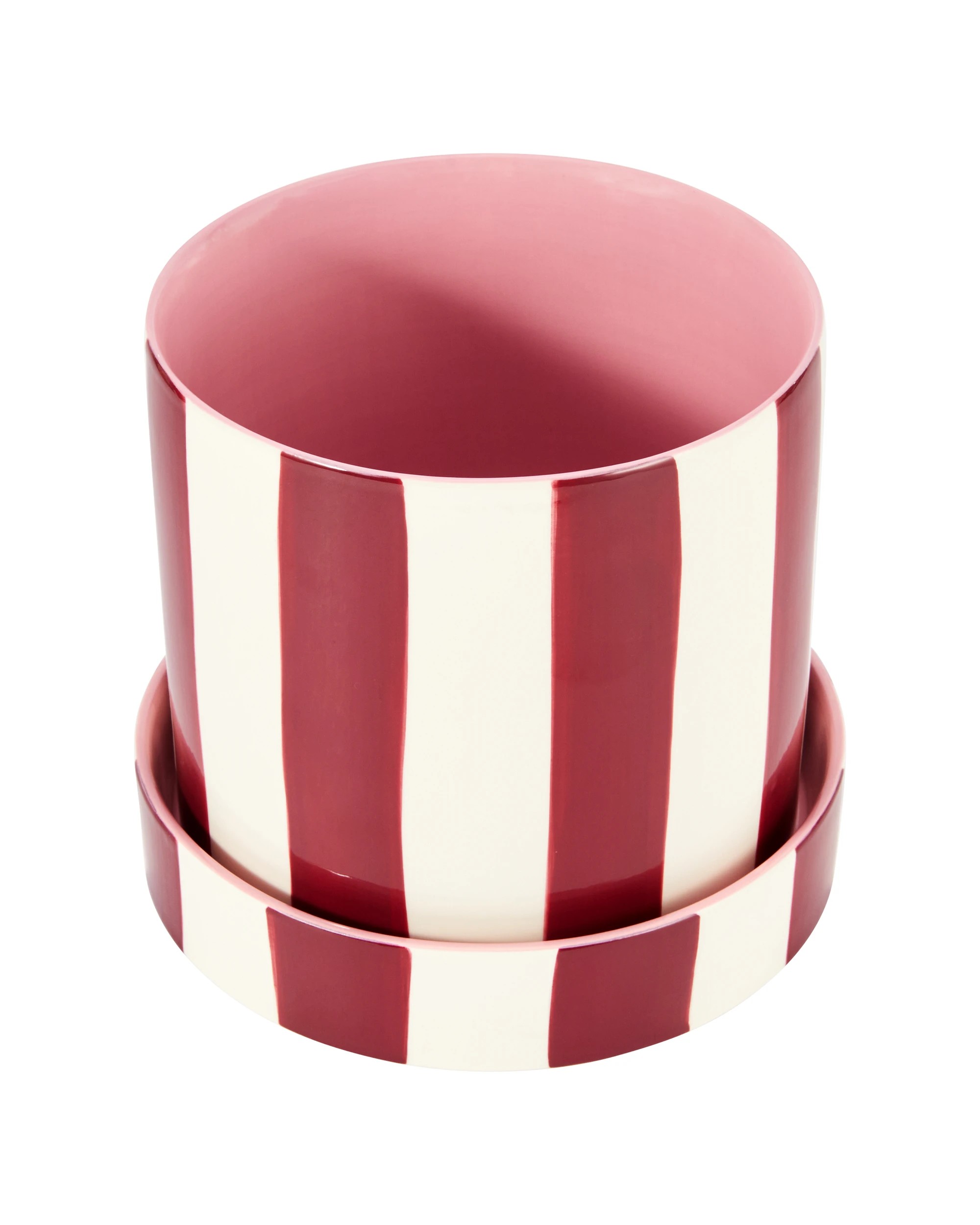 1 Burgundy Stripe Ceramic Pot with Saucer, 1 of 4