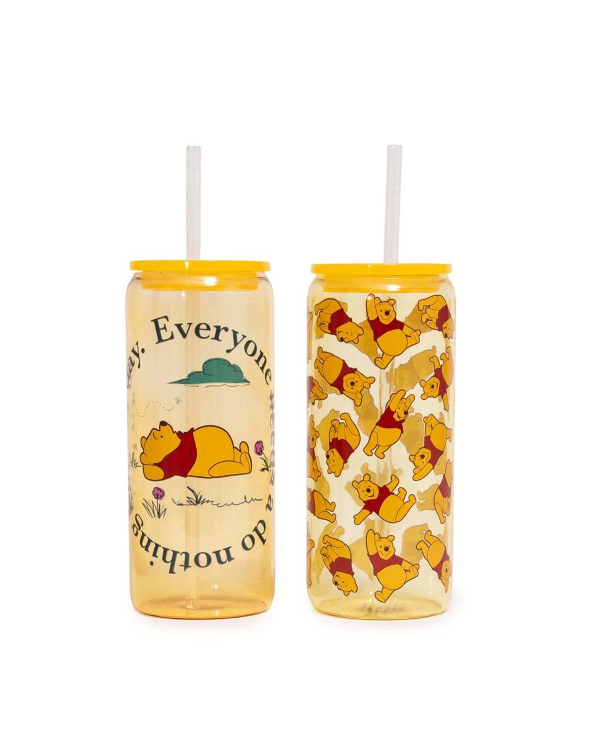 1 Disney - Winnie the Pooh - Winnie Glass Cup with Straw Twin Pack - Yellow, 1 of 3