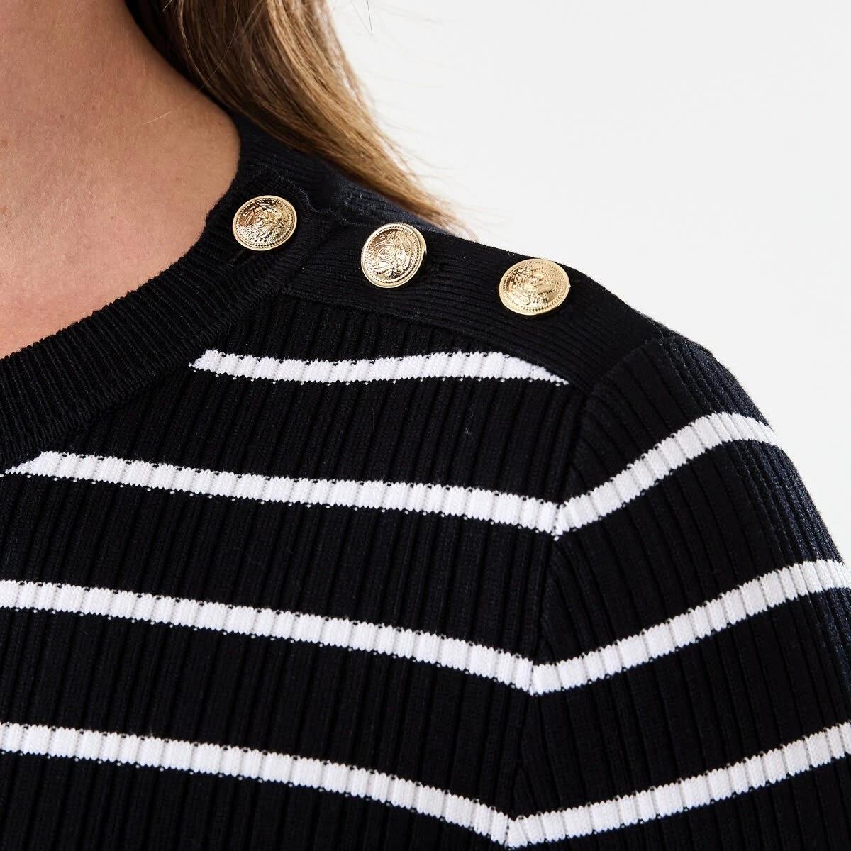 6 Long Sleeve Button Detail Top Ecru Strp, 6 of 6