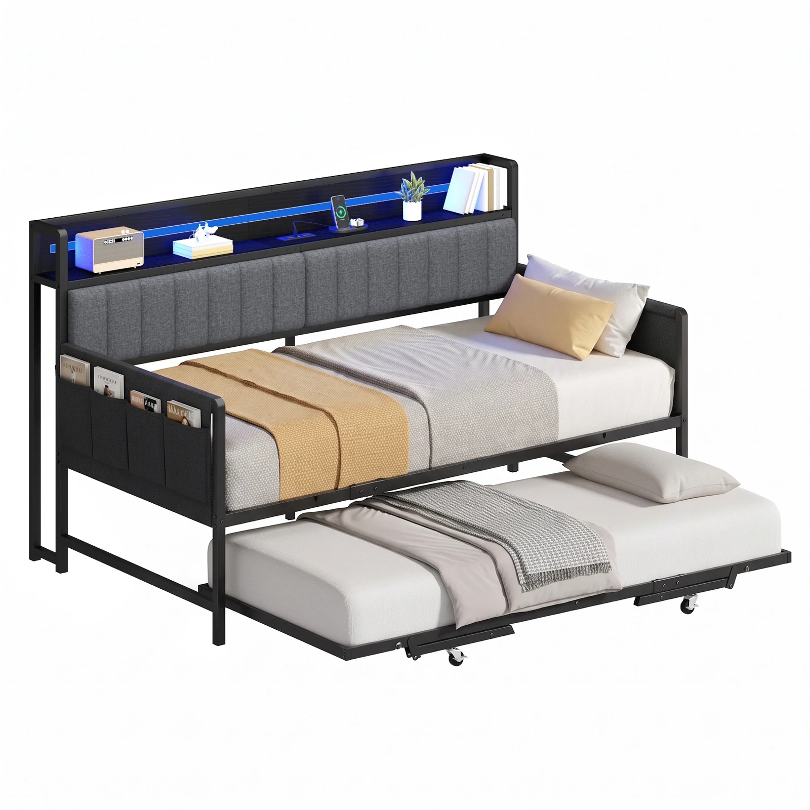 1 Advwin Single Size Metal Bed Frame Daybed w/ Trundle & Power Outlets - Black, 1 of 9