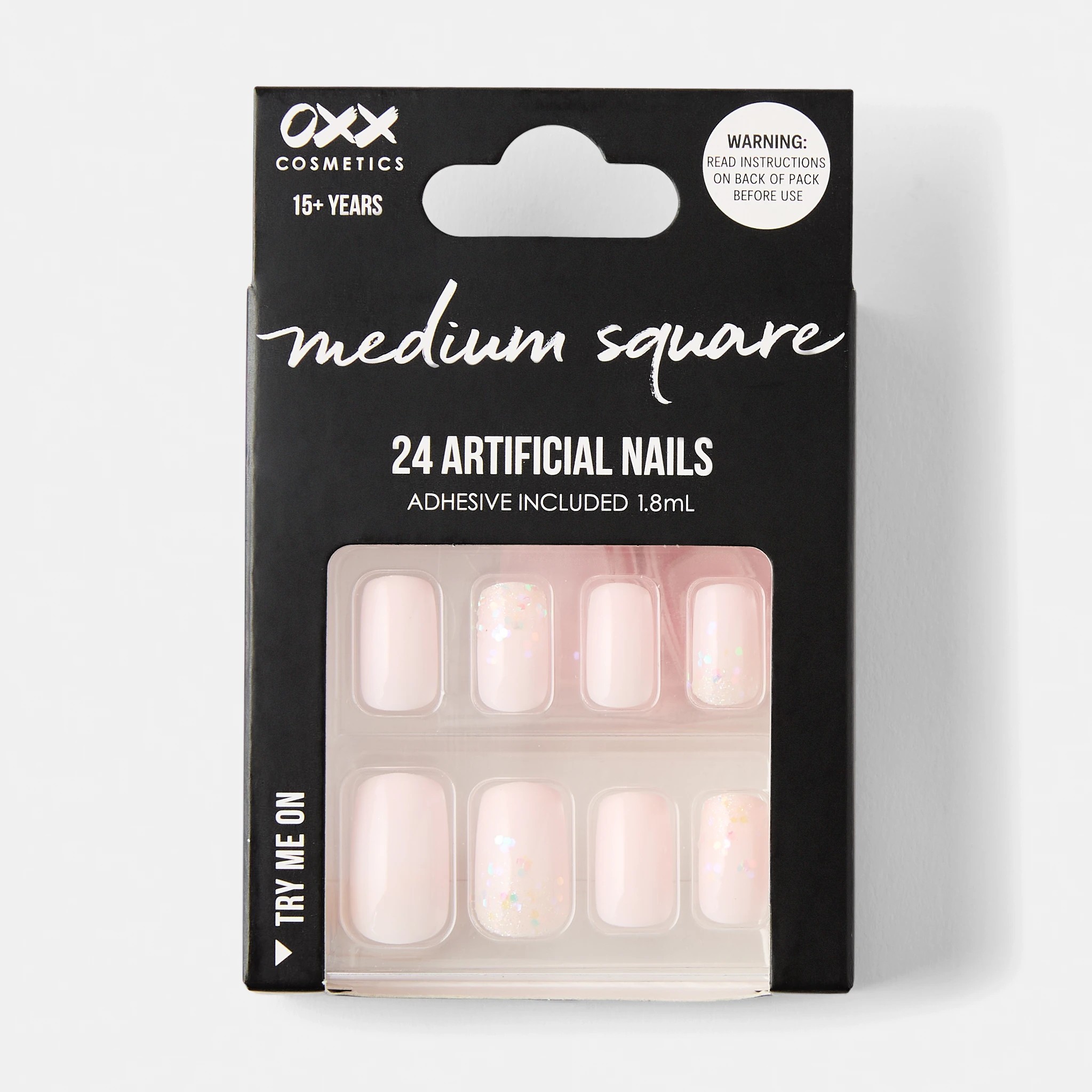 1 OXX Cosmetics 24 Pack Artificial Nails with Adhesive - Medium Square Shape, Soft Pink Glitter, 1 of 5