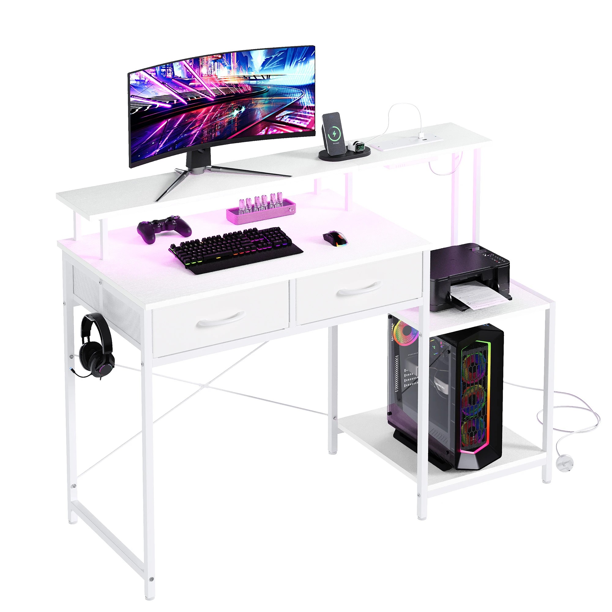 1 Advwin 120cm Gaming Desk With Led Lights Power Outlets Reversible Printer Storage Shelf Computer Desk White, 1 of 10