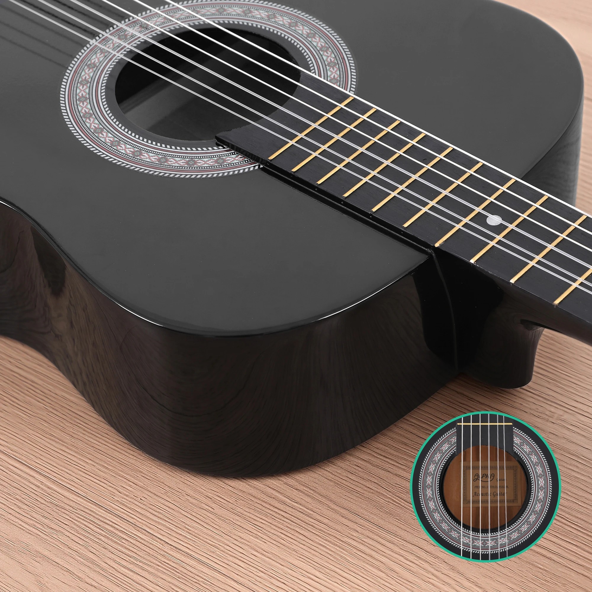 6 Alpha 38 Inch Classical Acoustic Guitar Nylon Strings Non Cutaway Body Folding Stand Capo - Black, 6 of 10