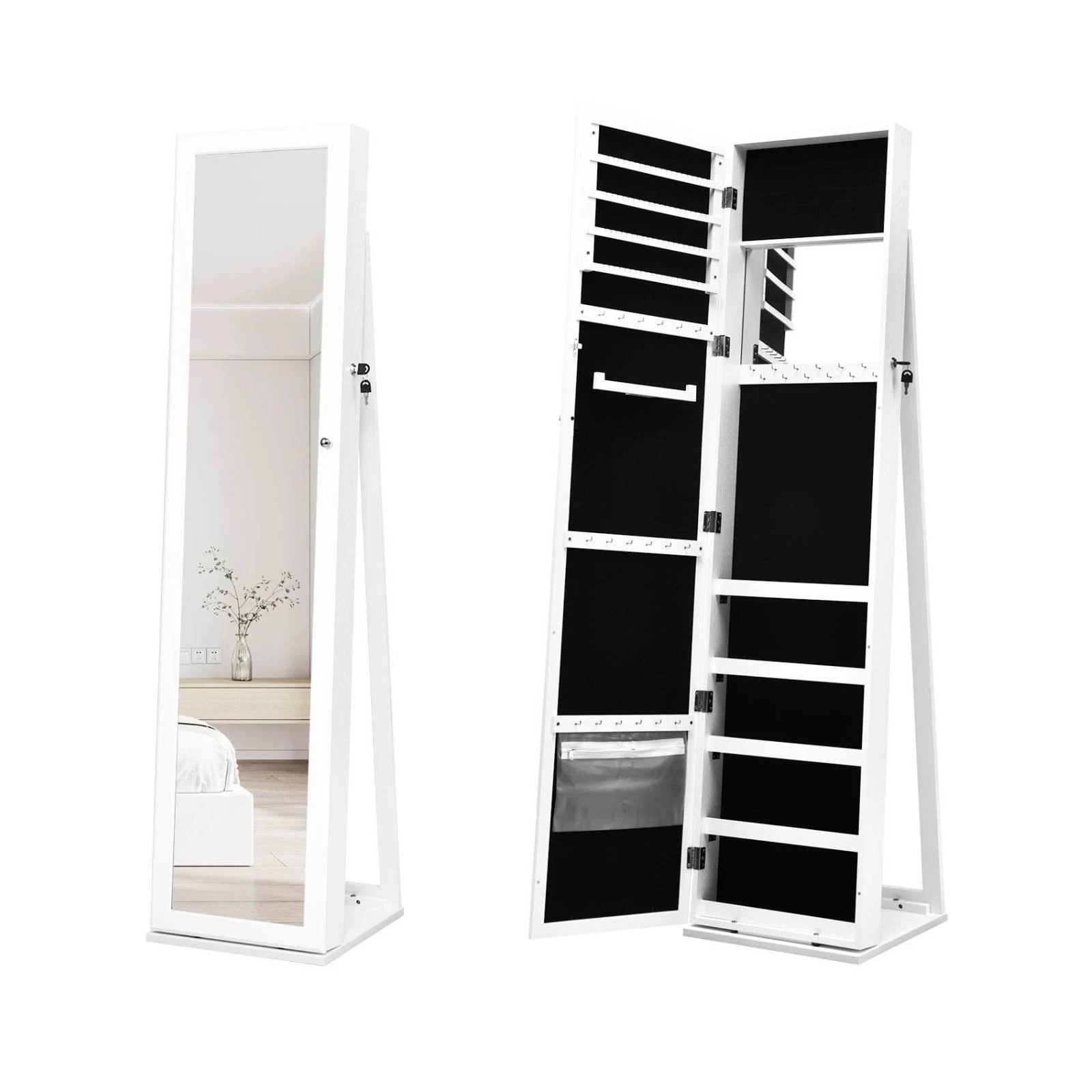 1 Costway Mirror Jewellery Cabinet Jewelry Armoire Lockable Jewelry Storage Organizer Box - White, 1 of 4