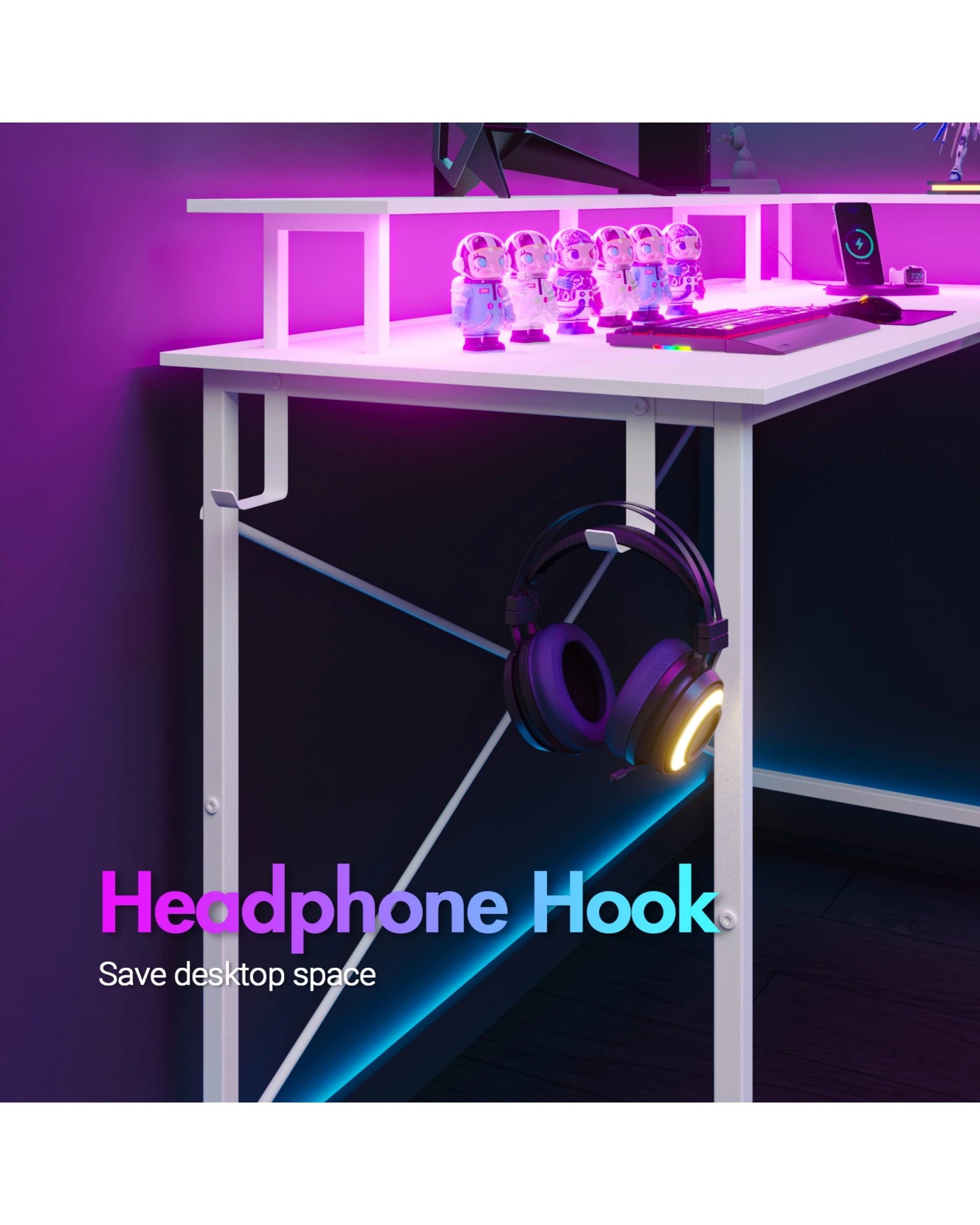 8 Advwin L Shaped Gaming Desk 136cm With Led Lights & Power Outlets White, 8 of 10