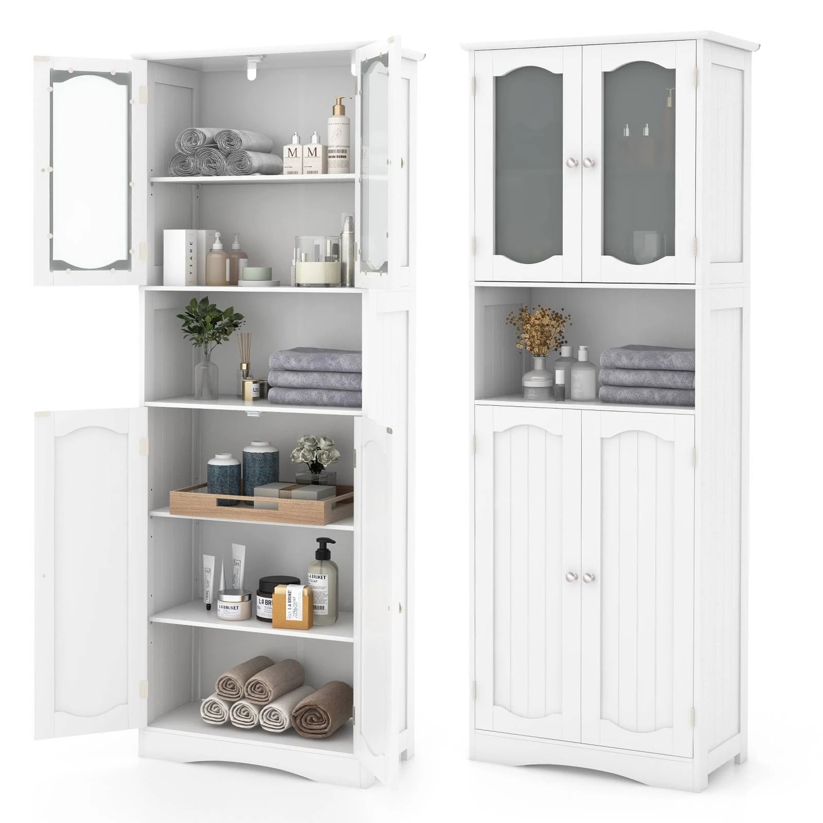 2 Costway 164cm Tall Bathroom Cabinet Freestanding Storage Cabinet w/Tempered Glass Doors, 2 of 2