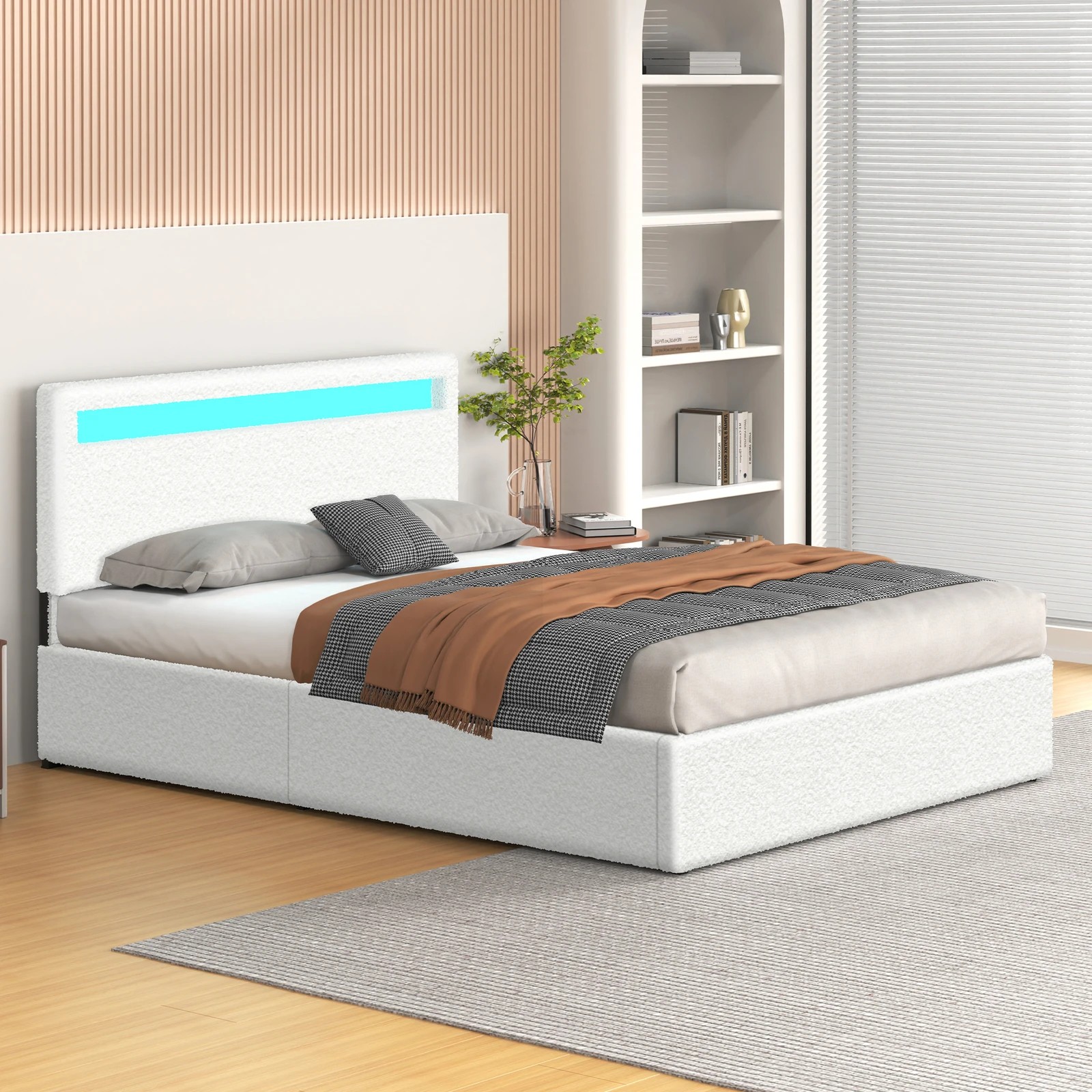 5 Alfordson Bed Frame Double Size RGB LED Gas Lift Storage Base Boucle Luchino - White, 5 of 10