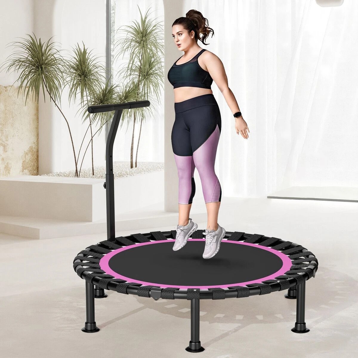 2 AUSWAY 48 Inch Folding Trampoline with T-Rails Pink Red Home Fitness Bouncer, 2 of 2